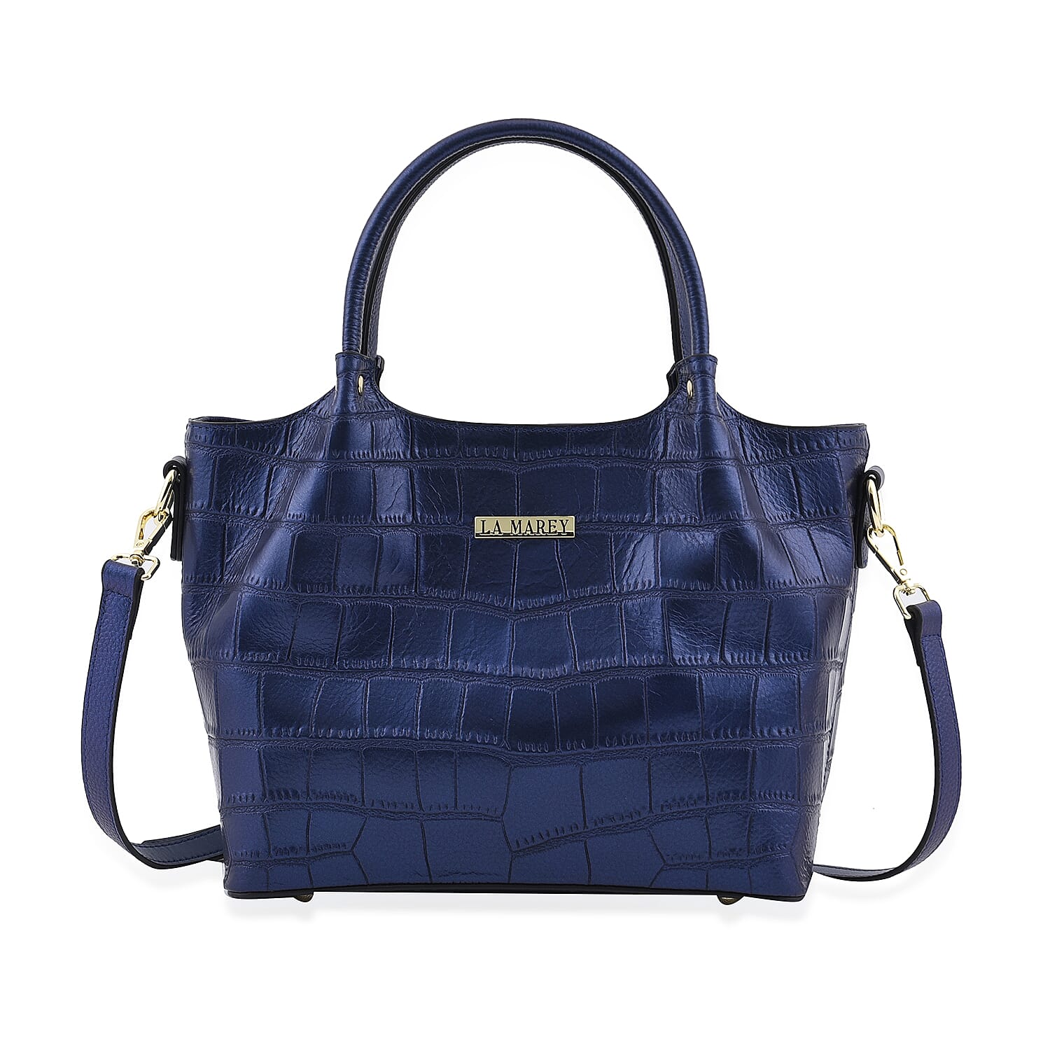LA MAREY 100% Genuine Leather Croc Embossed Convertible Bag with Detachable Strap (Size 26x21x13 Cm) - Metallic Blue
