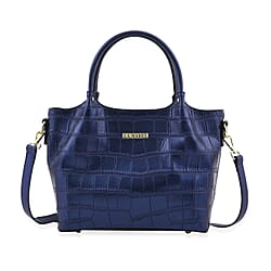 LA MAREY Genuine Leather Croc Embossed Convertible Bag with Detachable Strap - Metallic Blue