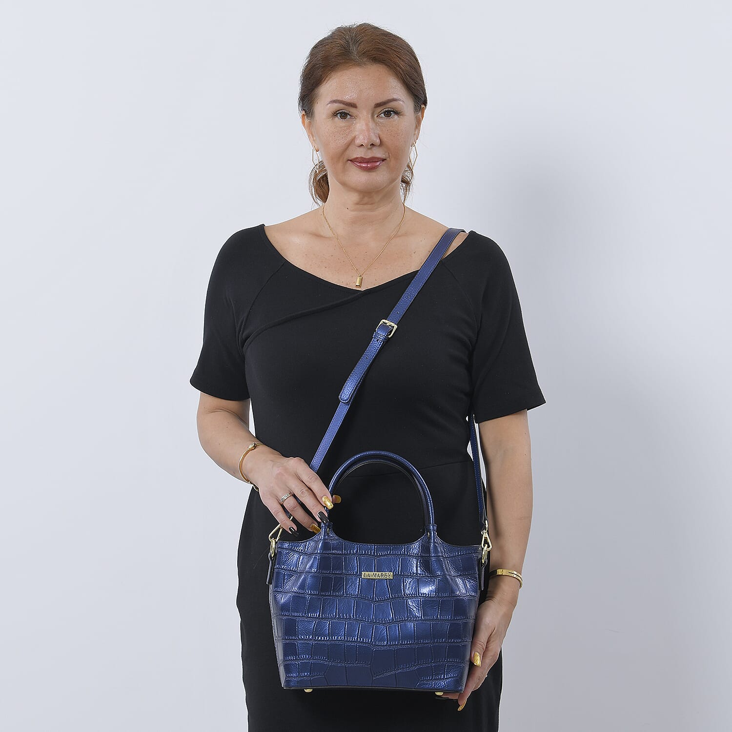 LA MAREY 100% Genuine Leather Croc Embossed Convertible Bag with Detachable Strap (Size 26x21x13 Cm) - Metallic Blue