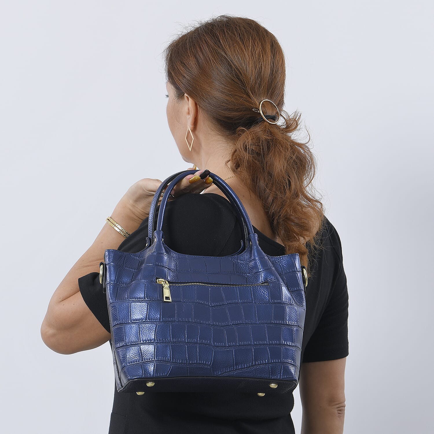 LA MAREY 100% Genuine Leather Croc Embossed Convertible Bag with Detachable Strap (Size 26x21x13 Cm) - Metallic Blue