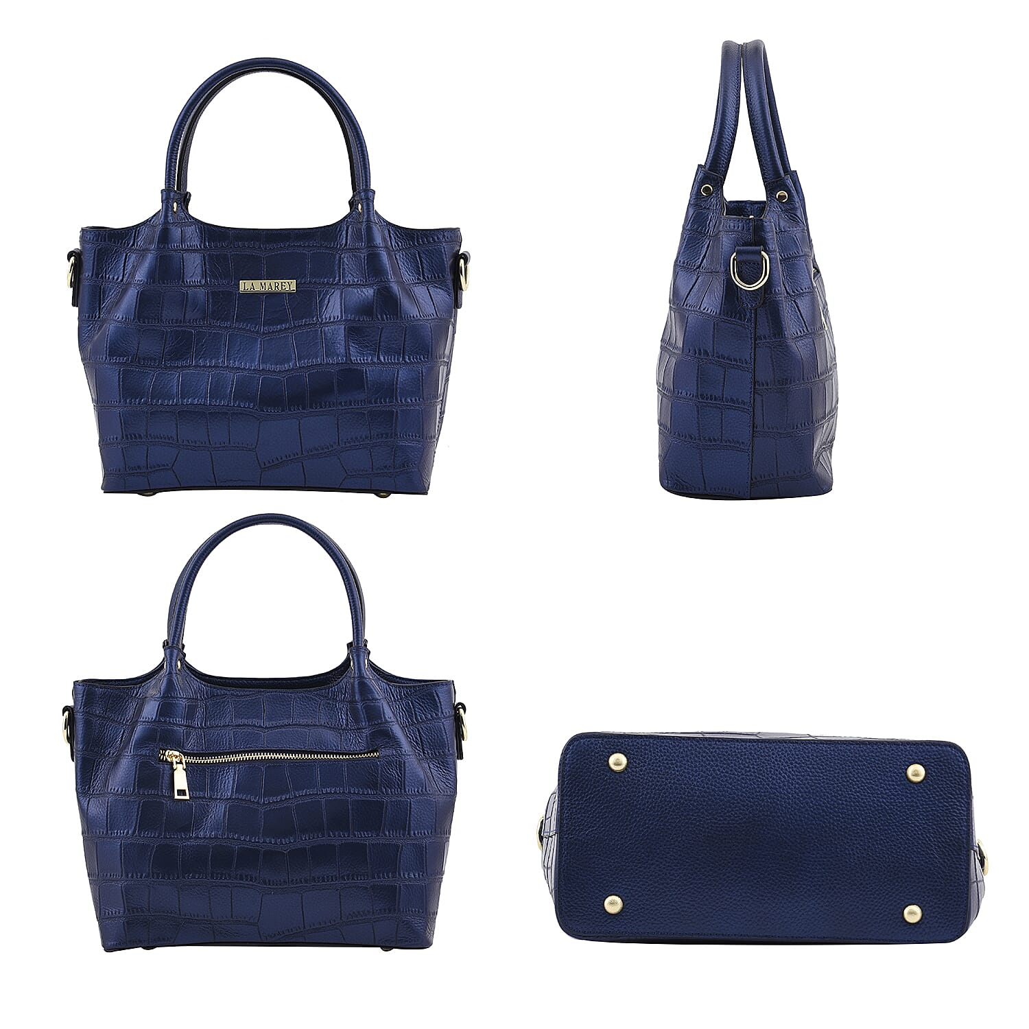 LA MAREY 100% Genuine Leather Croc Embossed Convertible Bag with Detachable Strap (Size 26x21x13 Cm) - Metallic Blue
