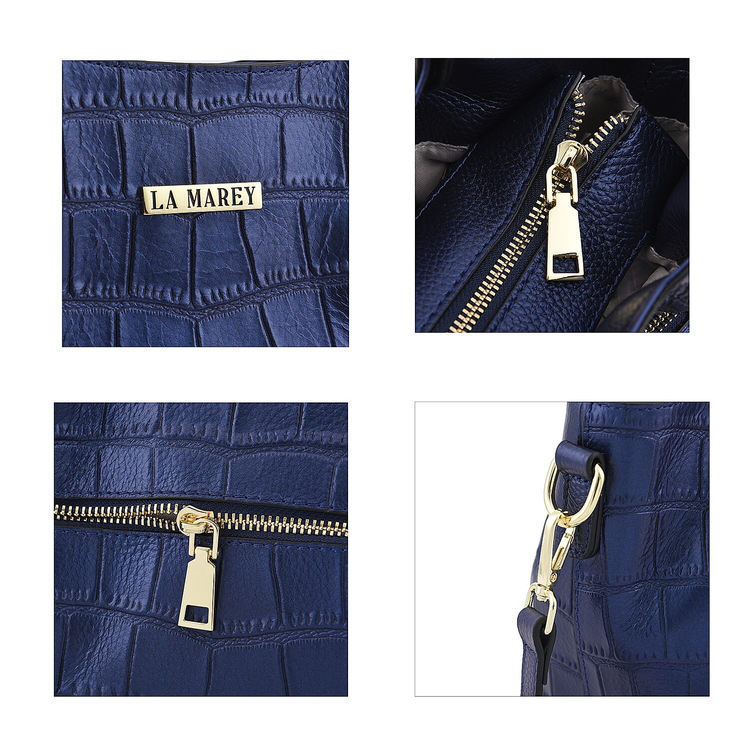 LA MAREY 100% Genuine Leather Croc Embossed Convertible Bag with Detachable Strap (Size 26x21x13 Cm) - Metallic Blue