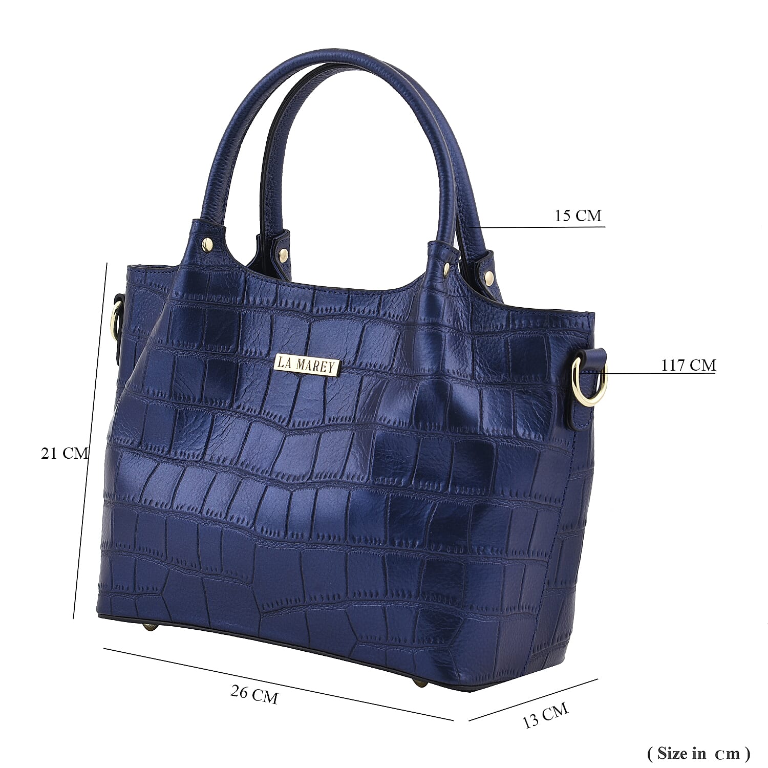 LA MAREY 100% Genuine Leather Croc Embossed Convertible Bag with Detachable Strap (Size 26x21x13 Cm) - Metallic Blue