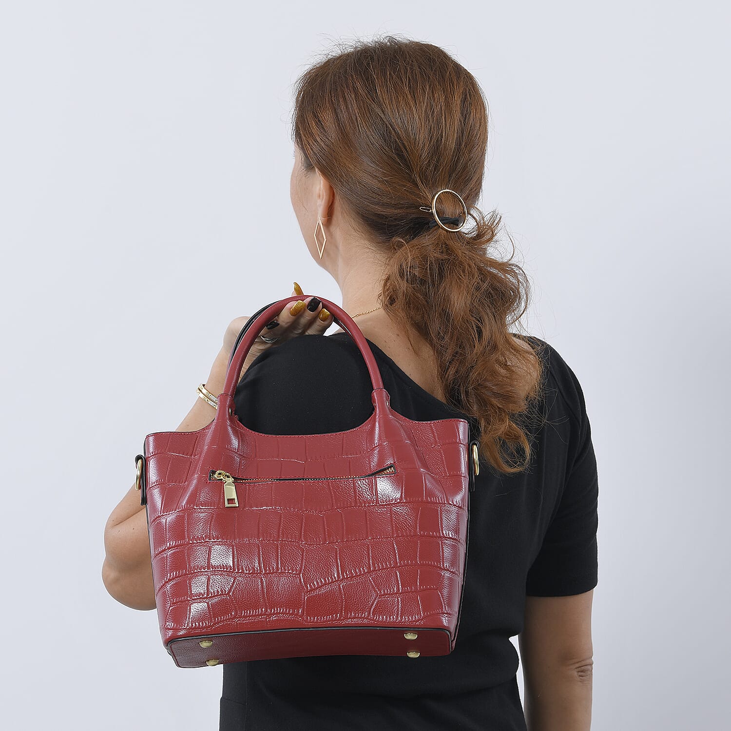 LA MAREY 100% Genuine Leather Croc Embossed Convertible Bag with Detachable Strap (Size 26x21x13 Cm) - Burgundy