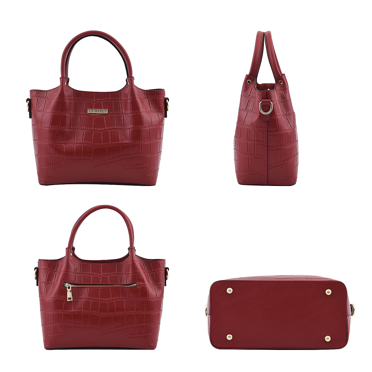 LA MAREY 100% Genuine Leather Croc Embossed Convertible Bag with Detachable Strap (Size 26x21x13 Cm) - Burgundy