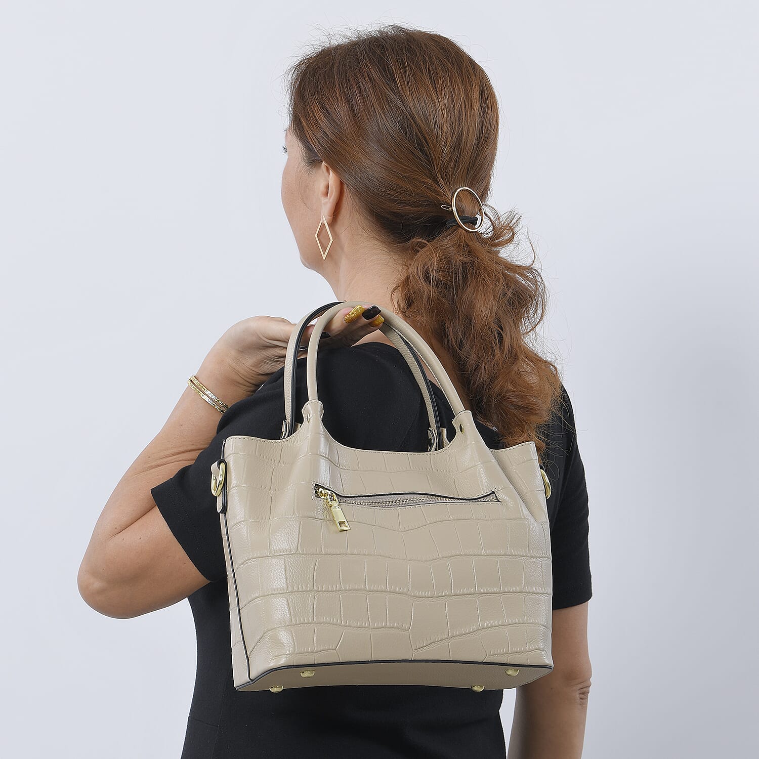 LA MAREY 100% Genuine Leather Croc Embossed Convertible Bag with Detachable Strap (Size 26x21x13 Cm) - Beige