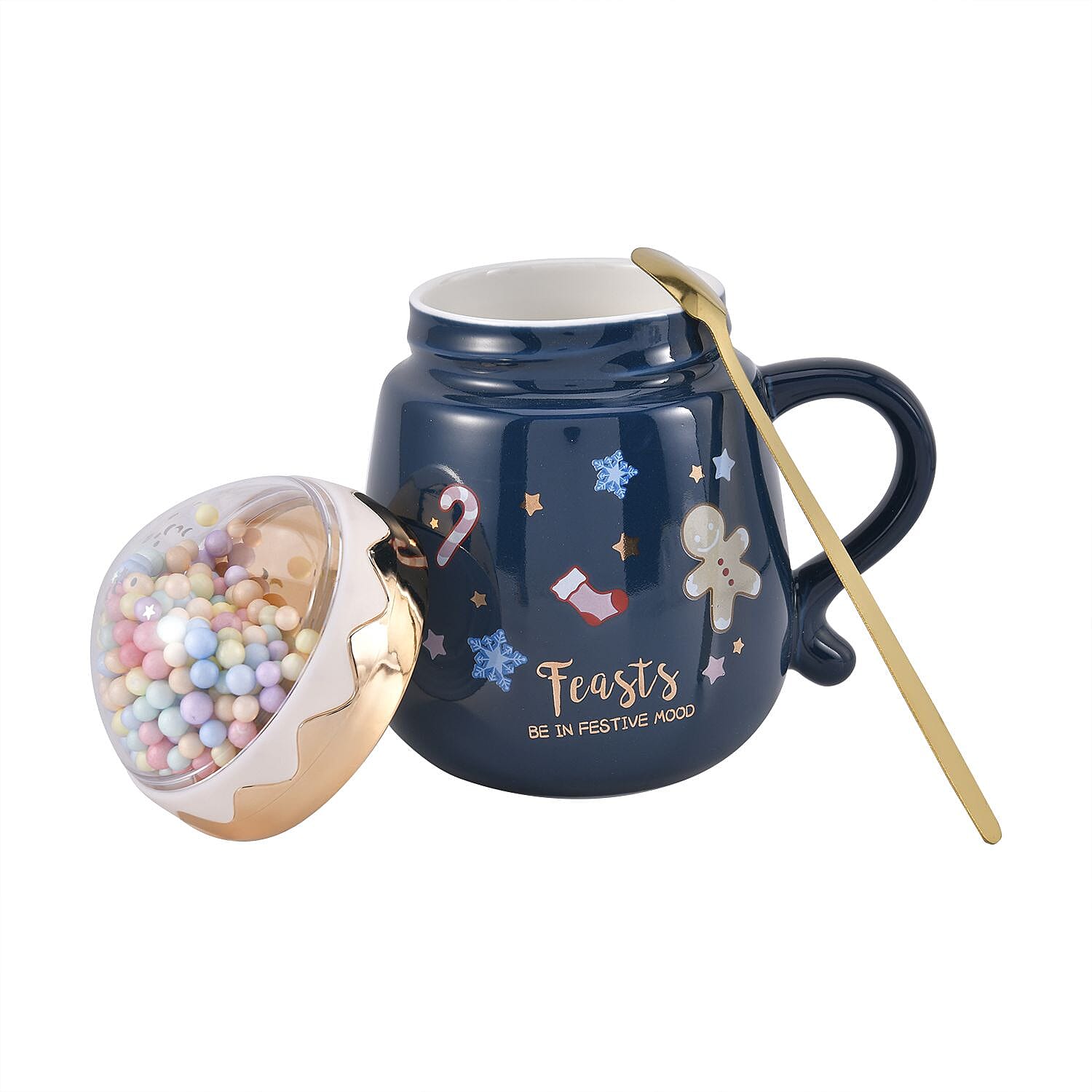 Christmas Theme Ceramic Coffee Mug with a Metal Spoon (Size 13x9 Cm) - Blue