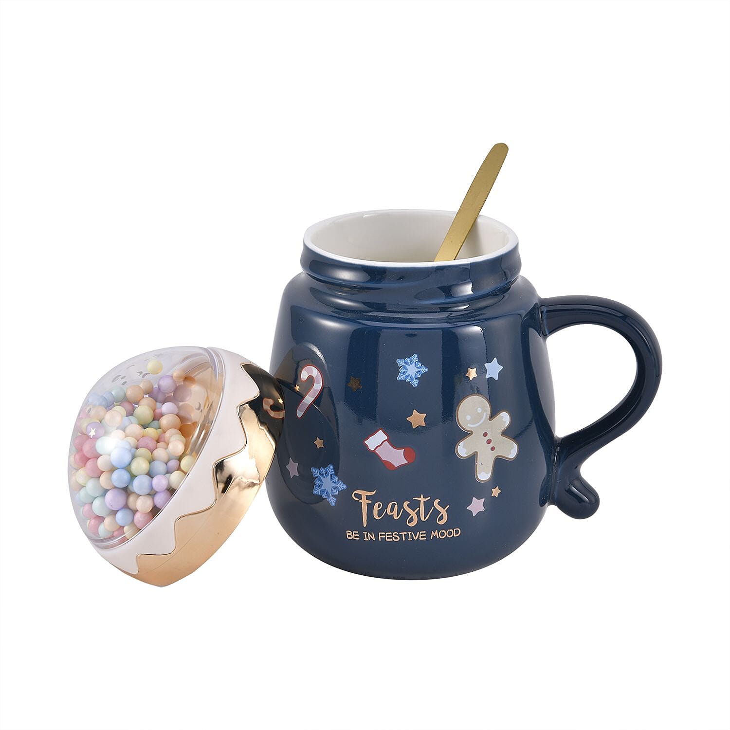 Christmas Theme Ceramic Coffee Mug with a Metal Spoon (Size 13x9 Cm) - Blue