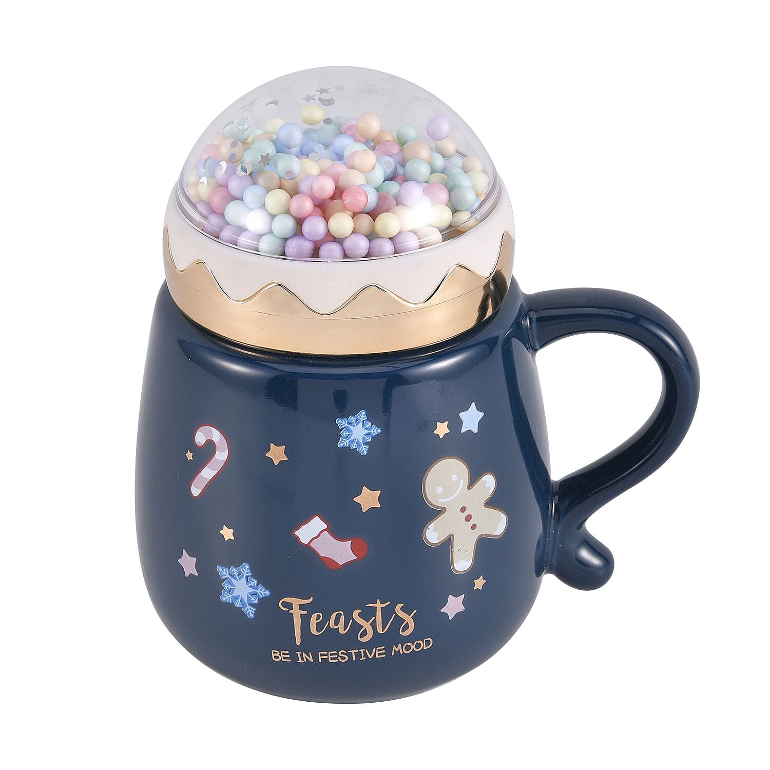 Christmas Theme Ceramic Coffee Mug with a Metal Spoon (Size 13x9 Cm) - Blue