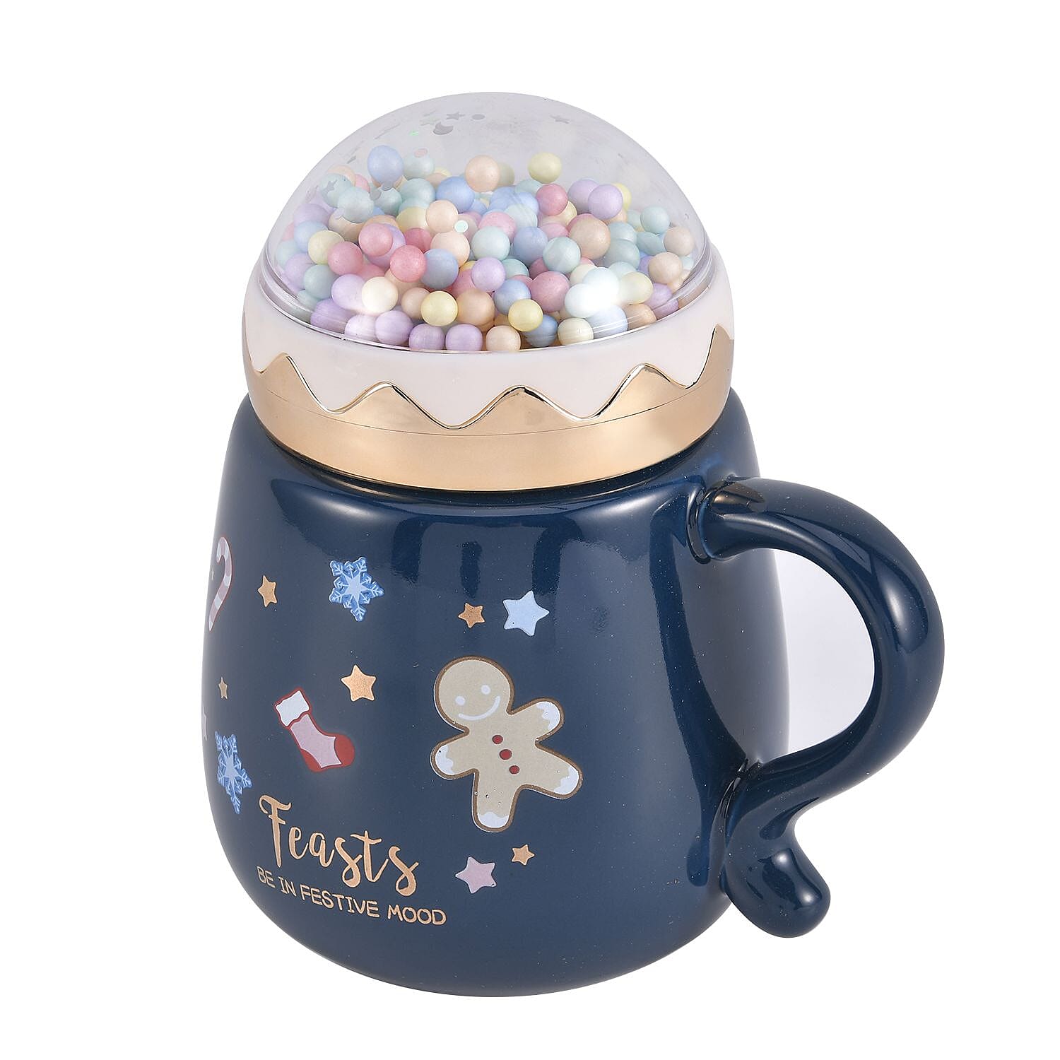Christmas Theme Ceramic Coffee Mug with a Metal Spoon (Size 13x9 Cm) - Blue