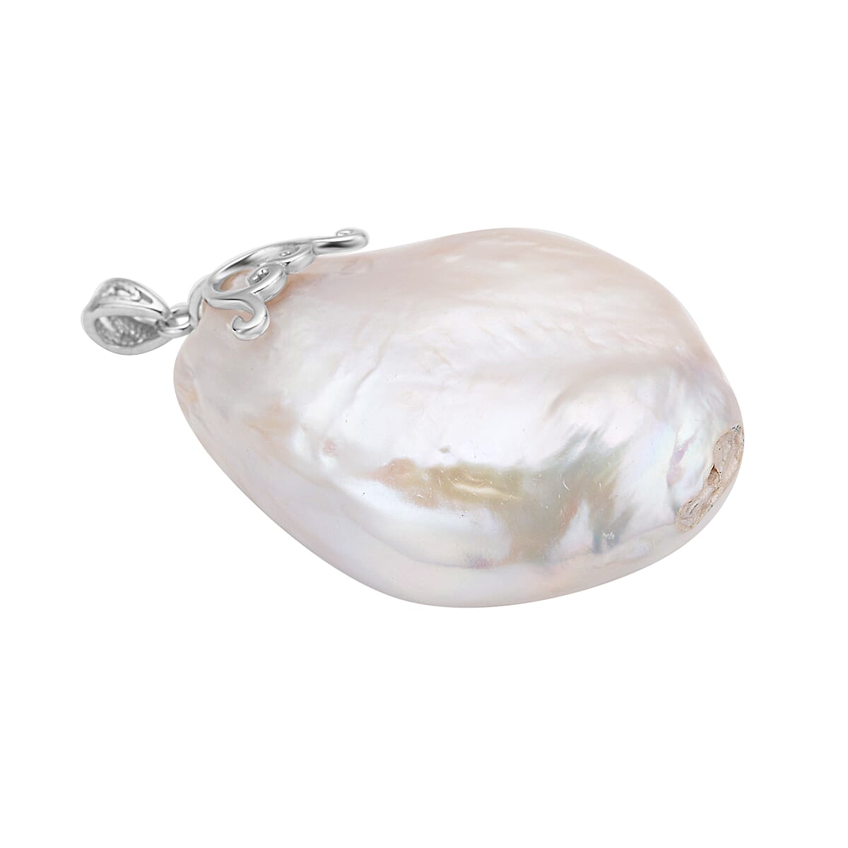 White Baroque Pearl Pendant in Rhodium Overlay Sterling Silver.
