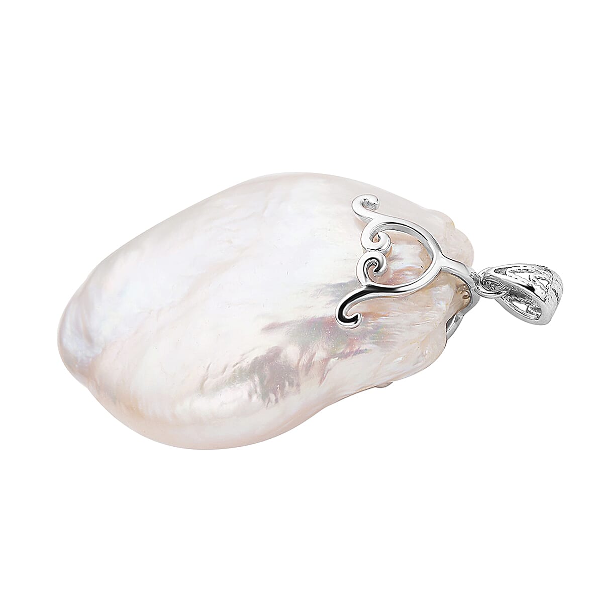 White Baroque Pearl Pendant in Rhodium Overlay Sterling Silver.