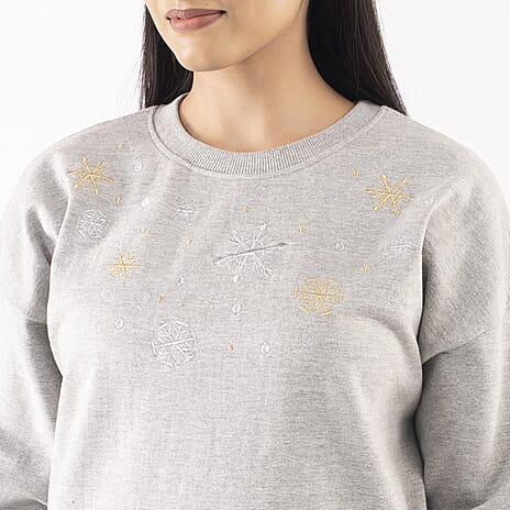 TAMSY Snowflakes Embroidered 100%  Cotton Sweatshirt (Size S 8-10) - Grey
