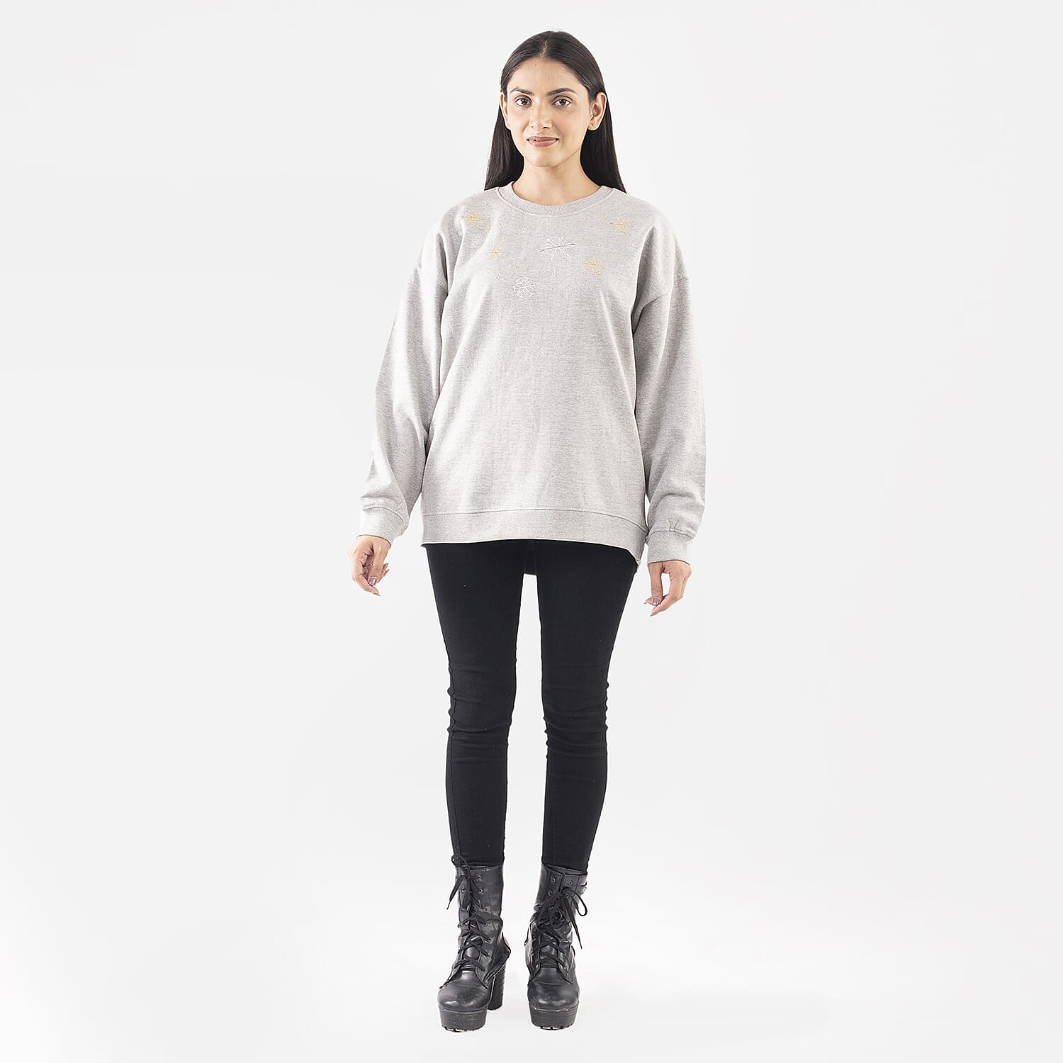 TAMSY Xmas Embroidered Cotton Women's Sweatshirt - Grey