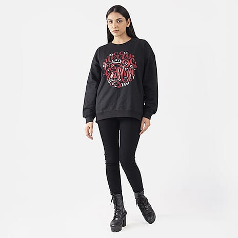 TAMSY Merry Christmas Printed Cotton Sweatshirt (Size S 8-10) - Black