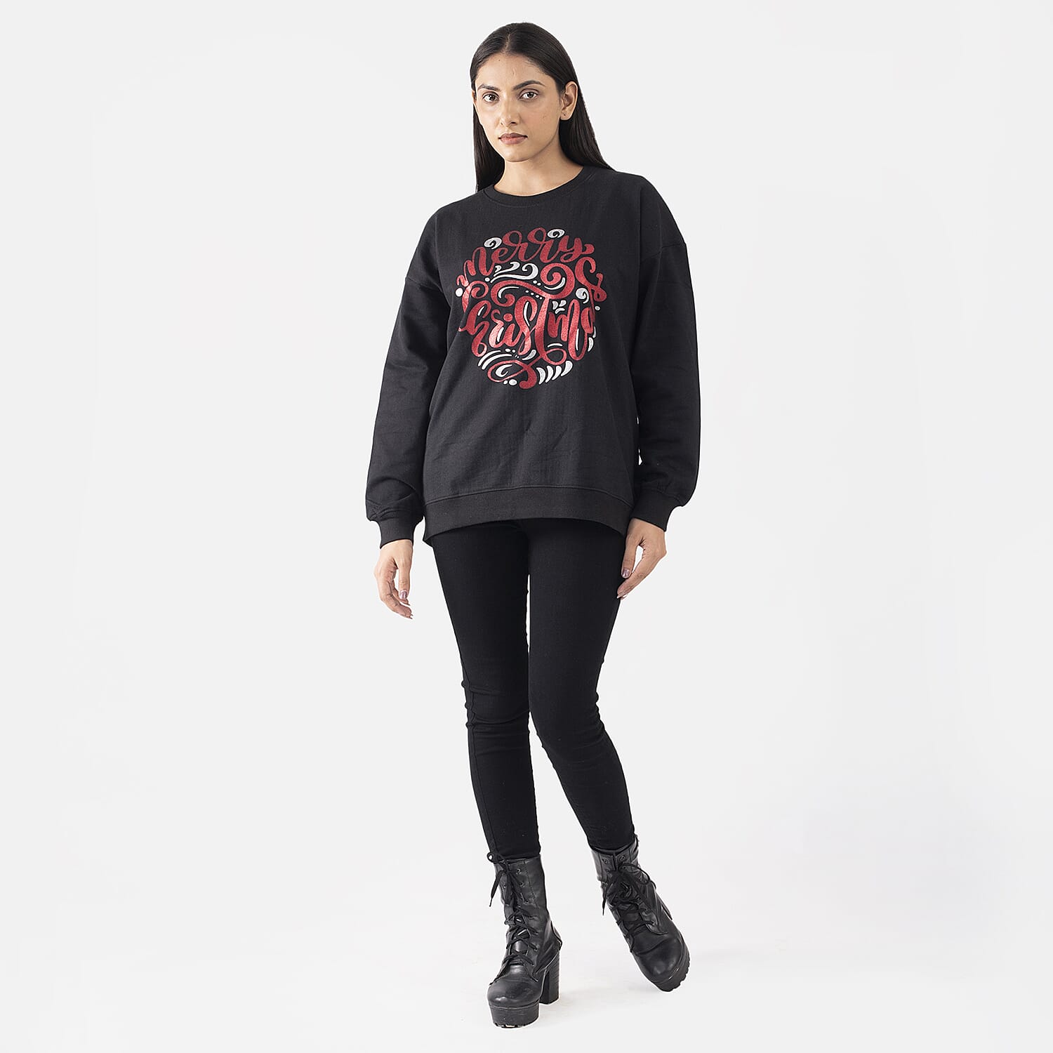 TAMSY Merry Christmas Printed Cotton Sweatshirt (Size L 16-18) - Black