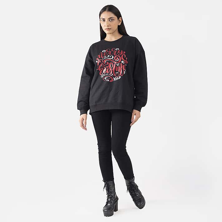 TAMSY Merry Christmas Printed Cotton Sweatshirt (Size L 16-18) - Black