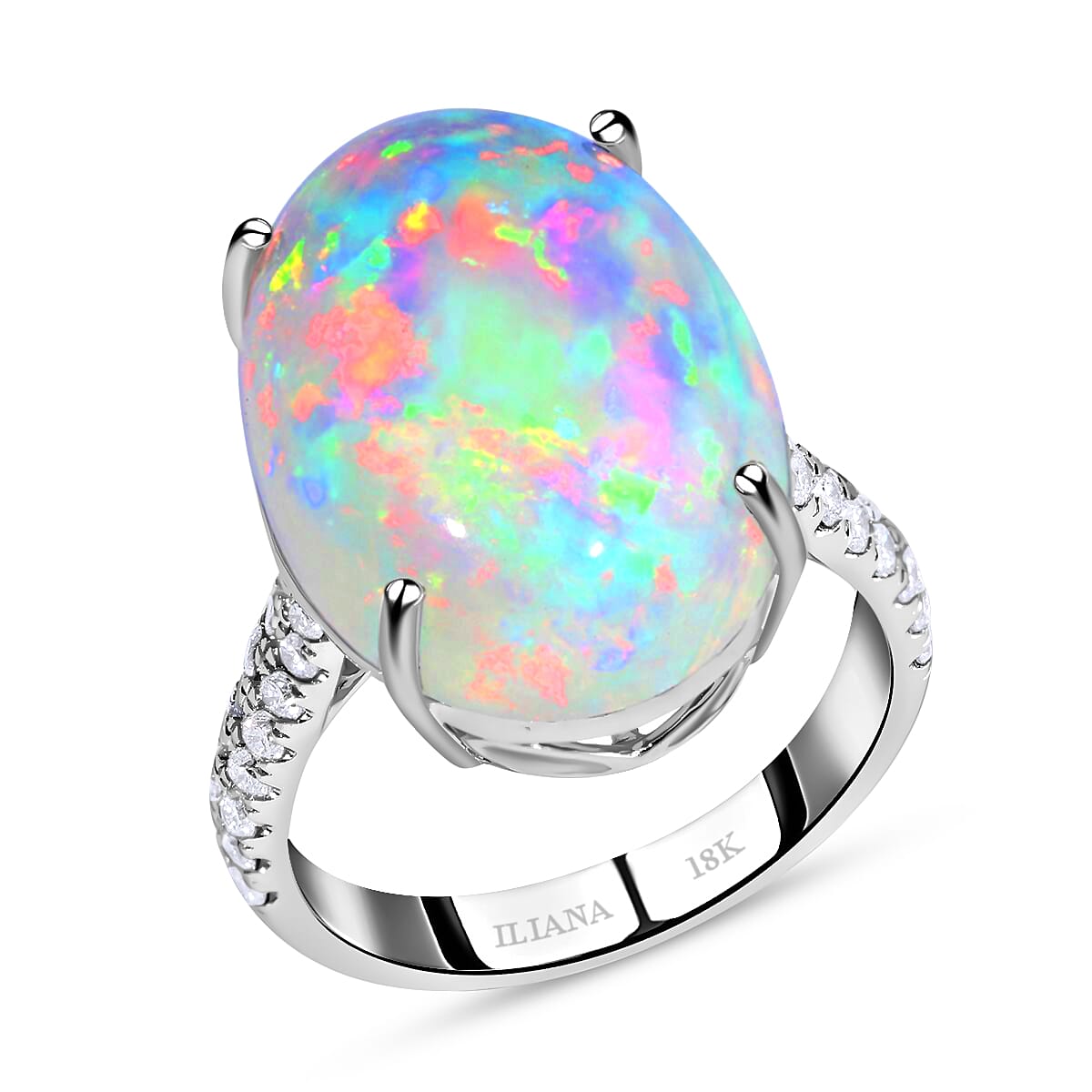 Certified and Appraised ILIANA 18K White Gold AAA Ethiopian Opal and Diamond (SI-G-H) Ring Gold 3.68 grams, 9.40 Ct
