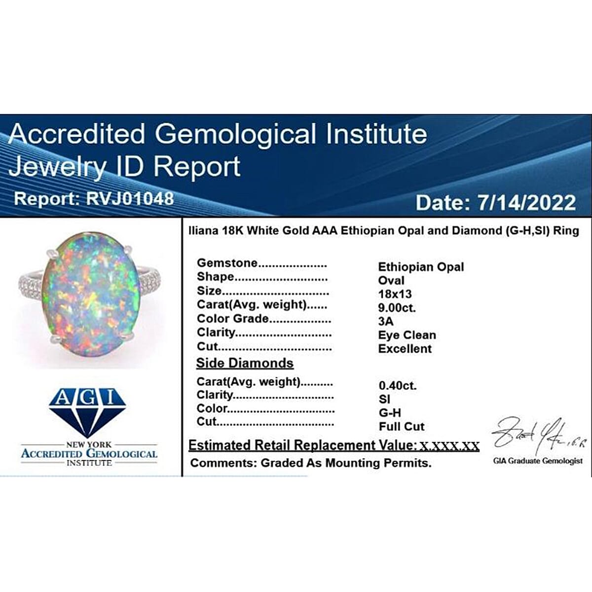 Certified and Appraised ILIANA 18K White Gold AAA Ethiopian Opal and Diamond (SI-G-H) Ring Gold 3.68 grams, 9.40 Ct