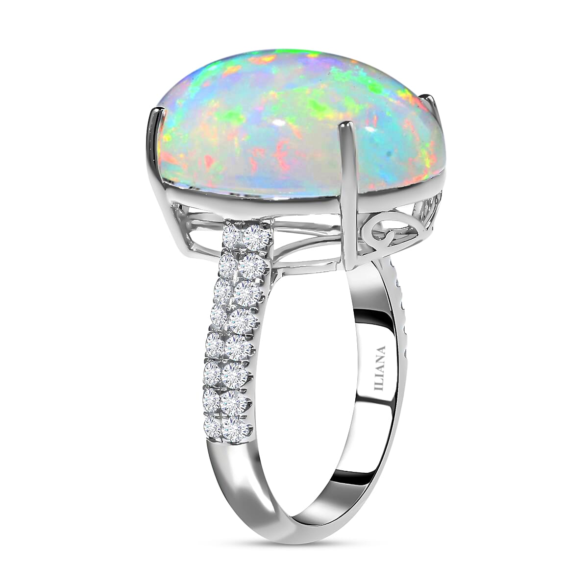 Certified and Appraised ILIANA 18K White Gold AAA Ethiopian Opal and Diamond (SI-G-H) Ring Gold 3.68 grams, 9.40 Ct