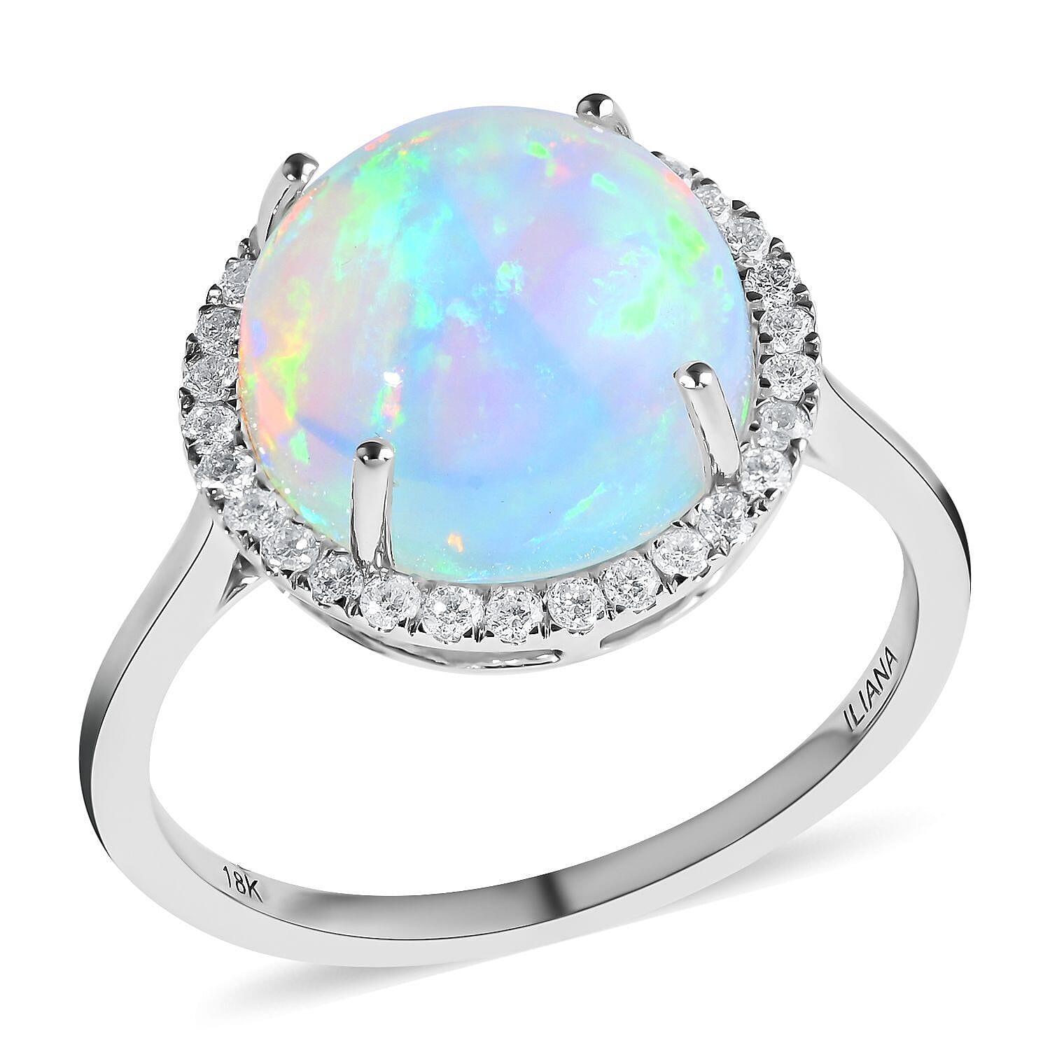 Certified and Appraised ILIANA 18K White Gold AAA Ethiopian Welo Opal and Diamond SI GH Halo Ring Gold 3.59 grams, 4.35 Ct