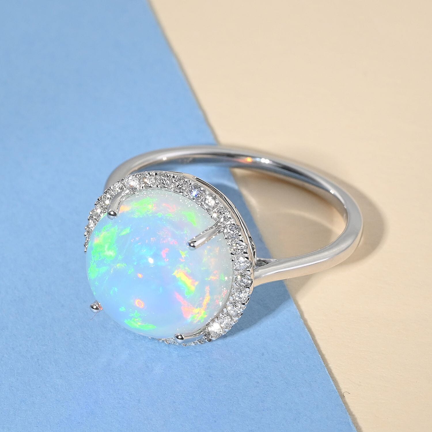 Certified and Appraised ILIANA 18K White Gold AAA Ethiopian Welo Opal and Diamond SI GH Halo Ring Gold 3.59 grams, 4.35 Ct
