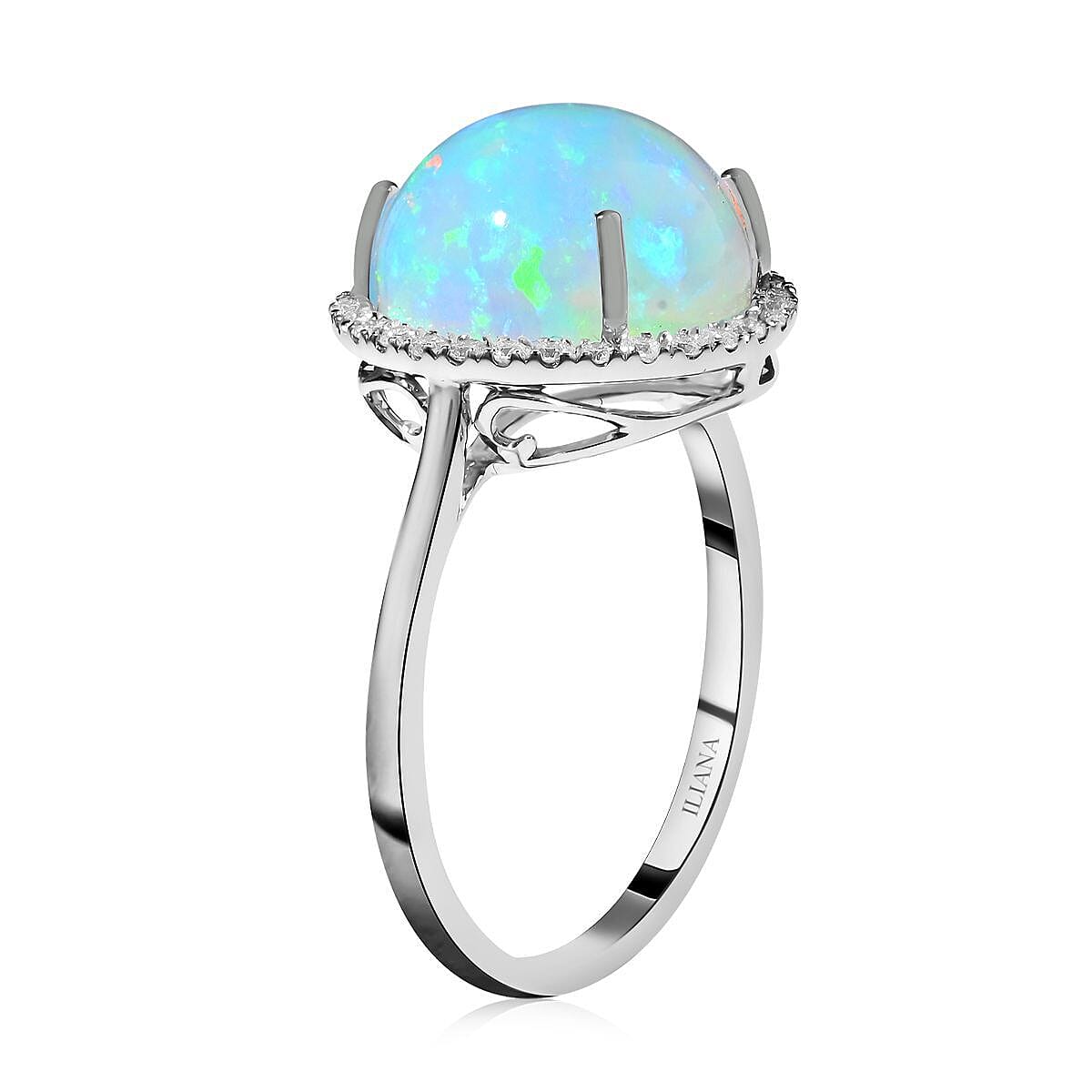 Certified and Appraised ILIANA 18K White Gold AAA Ethiopian Welo Opal and Diamond SI GH Halo Ring Gold 3.59 grams, 4.35 Ct