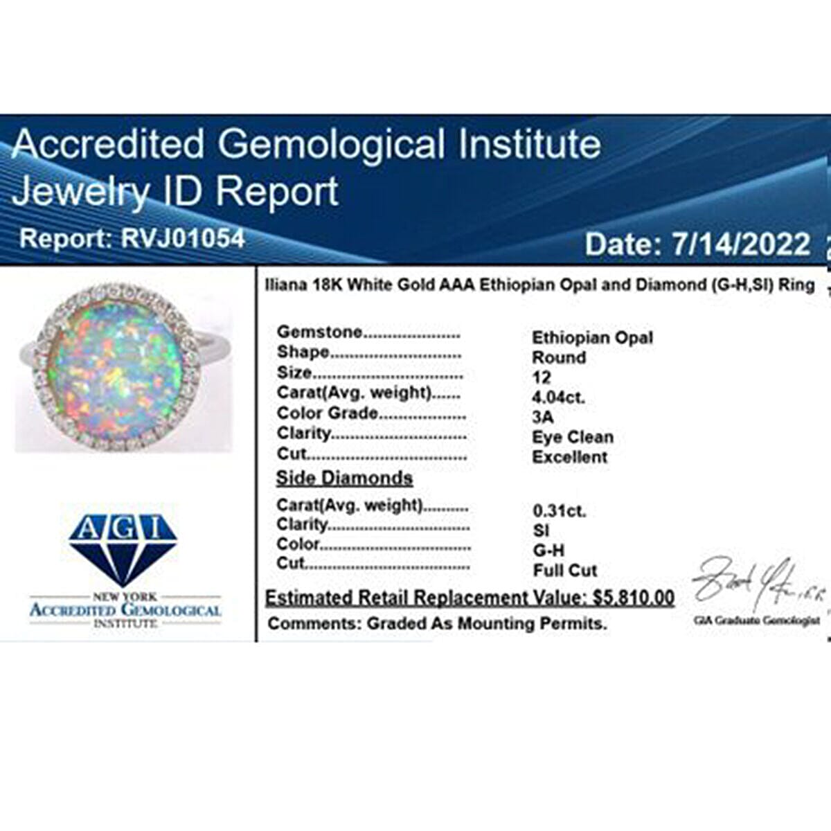 Certified and Appraised ILIANA 18K White Gold AAA Ethiopian Welo Opal and Diamond SI GH Halo Ring Gold 3.59 grams, 4.35 Ct