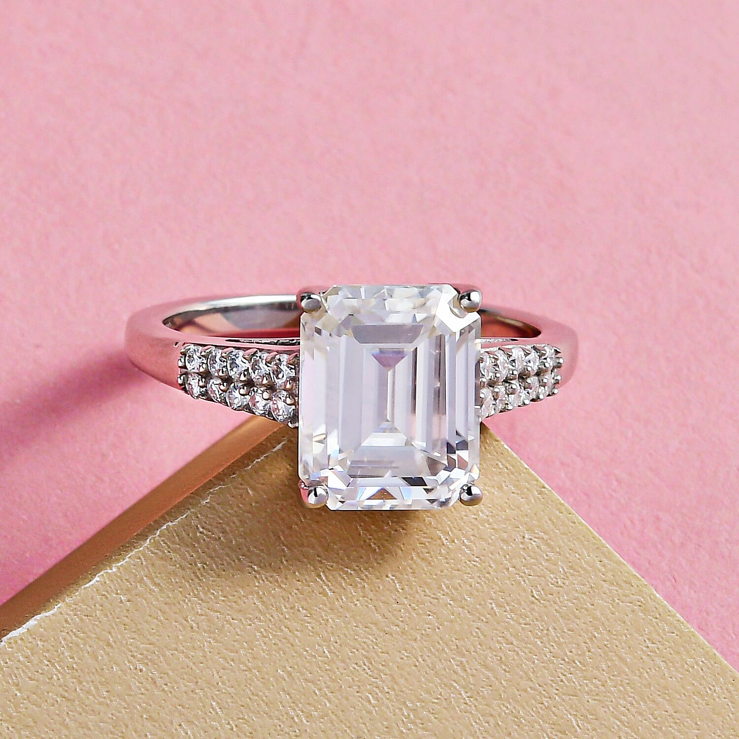 Moissanite Ring in Platinum Overlay Sterling Silver 3.85 Ct.