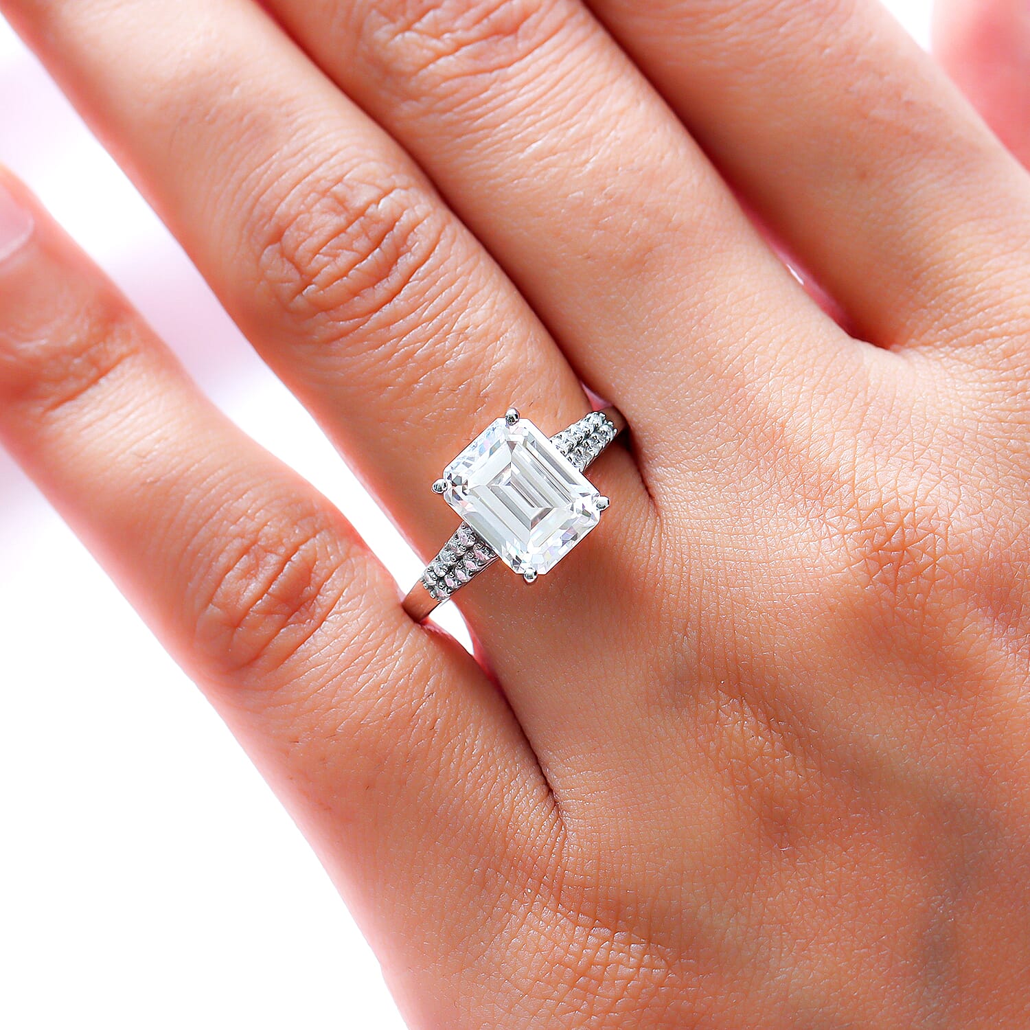 Moissanite Ring in Platinum Overlay Sterling Silver 3.85 Ct.