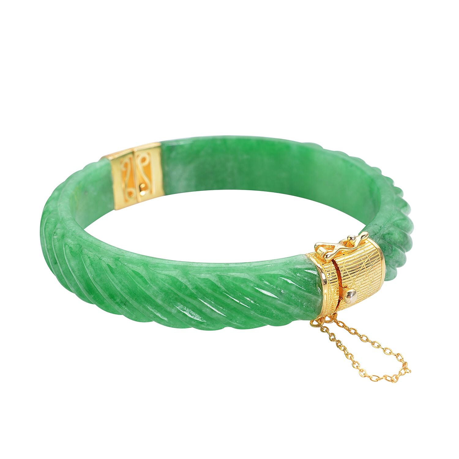 Designer Inspired-Carved Green Jade  Bangle (Size- 7.25) in 18k Vermeil in Sterling Silver 206.50 ct