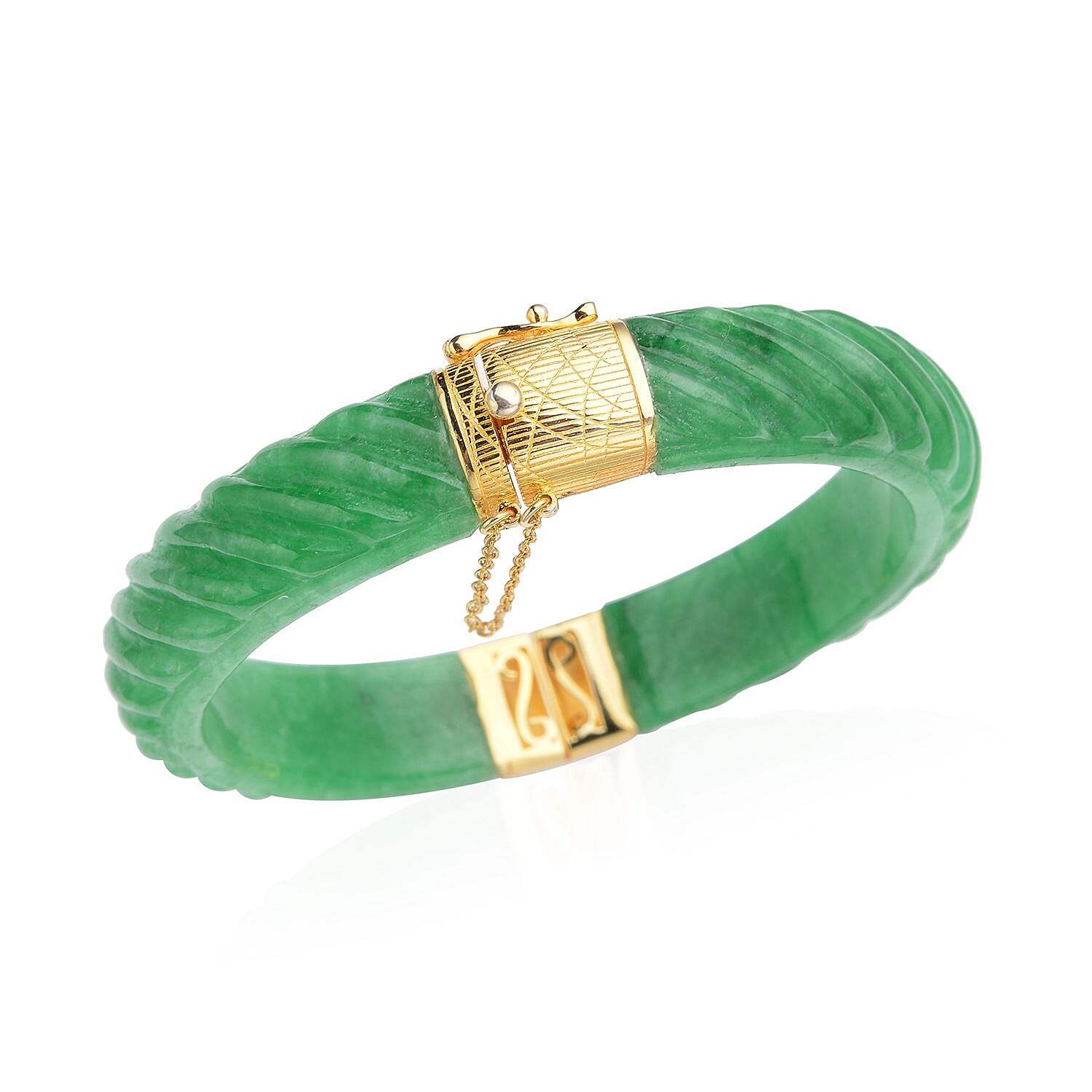 Designer Inspired-Carved Green Jade  Bangle (Size- 7.25) in 18k Vermeil in Sterling Silver 206.50 ct