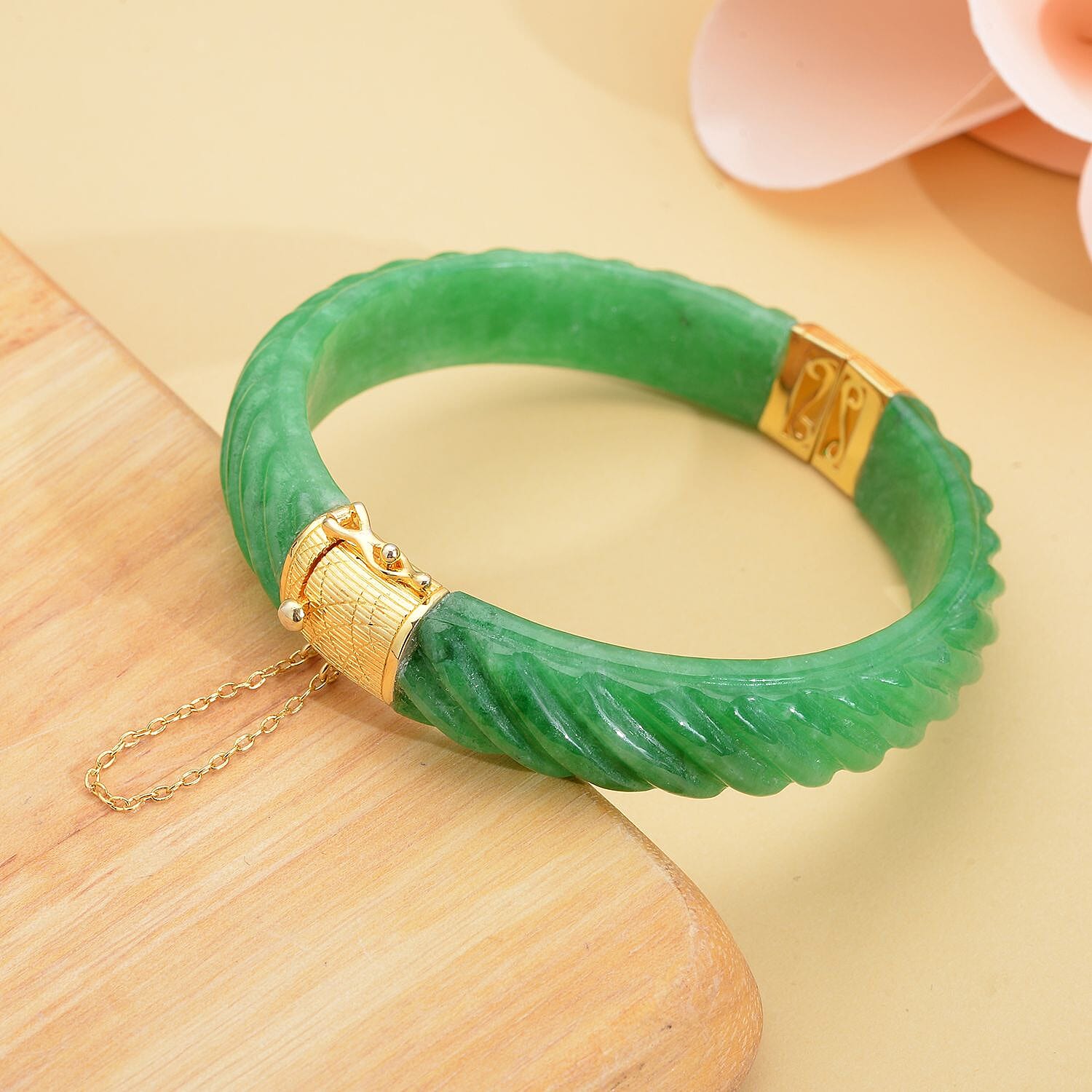 Designer Inspired-Carved Green Jade  Bangle (Size- 7.25) in 18k Vermeil in Sterling Silver 206.50 ct