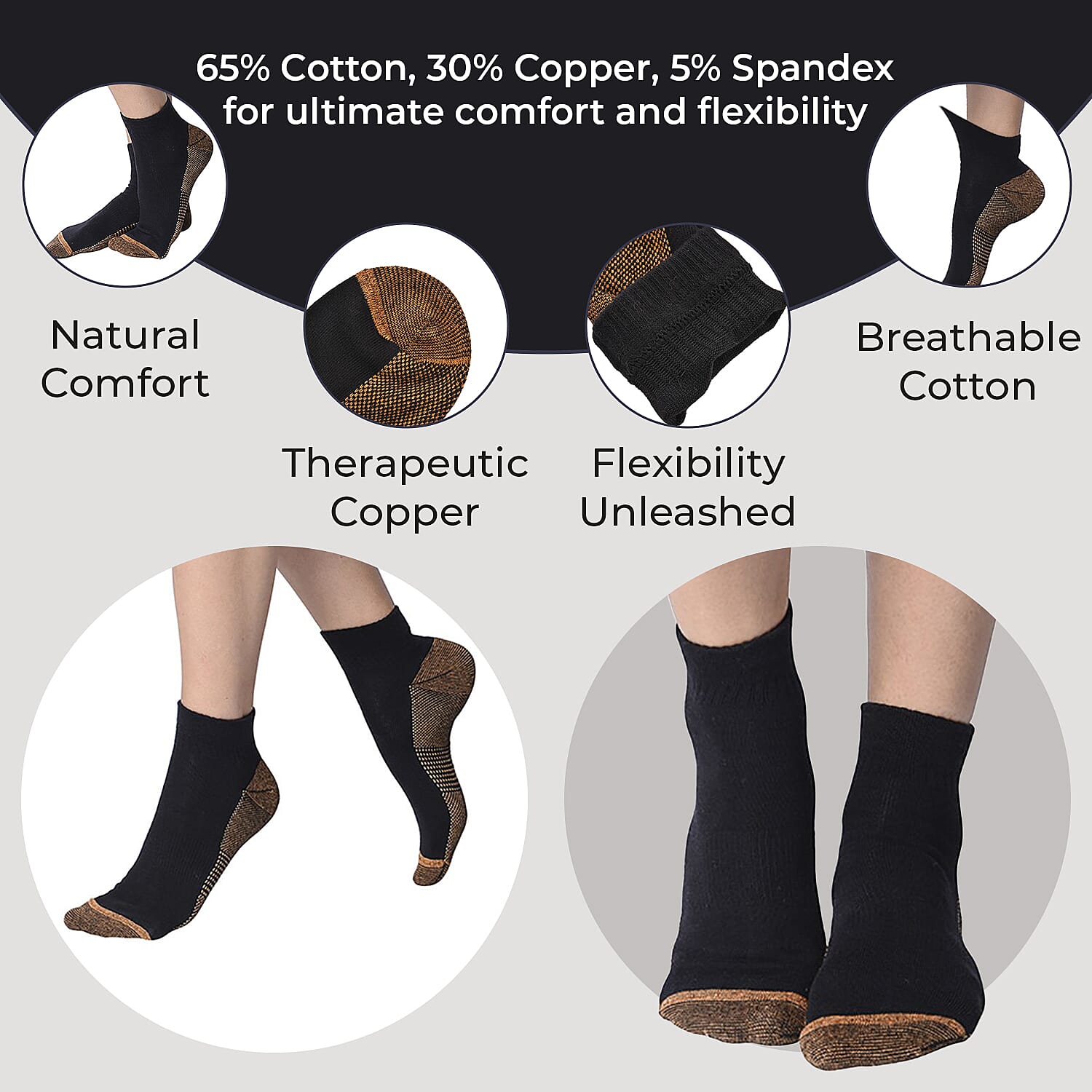 4 Pairs Antibacterial Copper Infused Compression Socks (Size L XL, 9-13) - Black