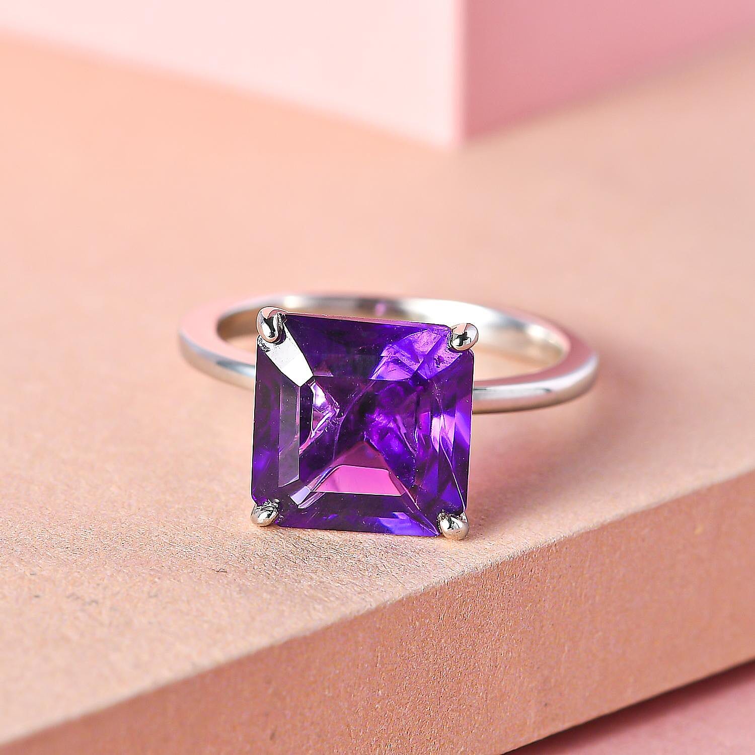 Lusaka Amethyst (Asscher Cut) Solitaire Ring in Platinum Overlay Sterling Silver 4.60 Ct.