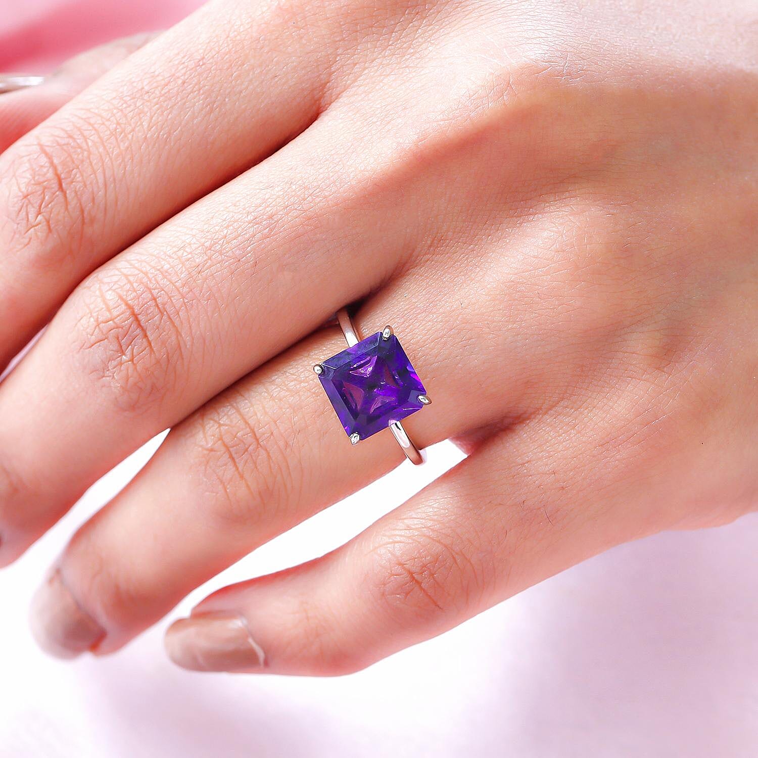 Lusaka Amethyst (Asscher Cut) Solitaire Ring in Platinum Overlay Sterling Silver 4.60 Ct.