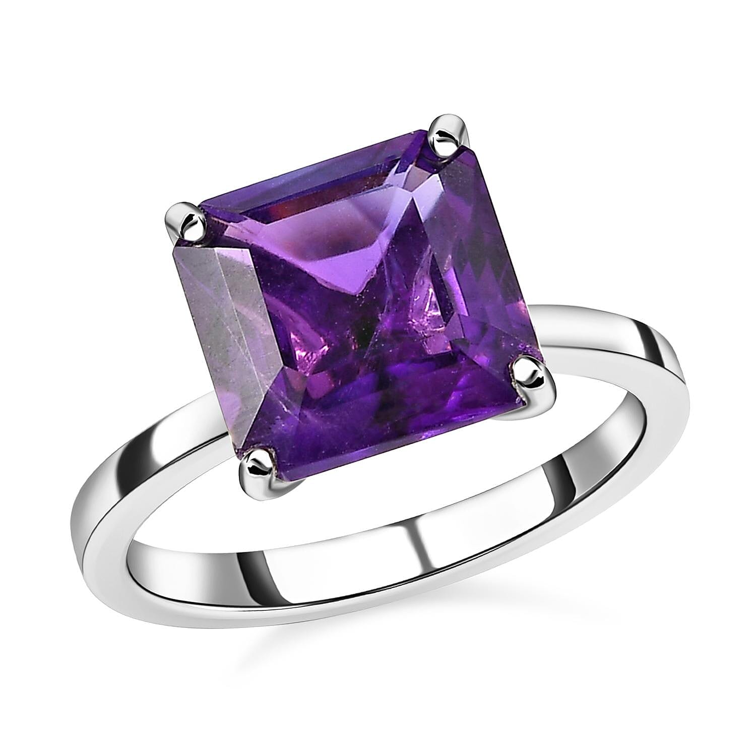 Lusaka Amethyst (Asscher Cut) Solitaire Ring in Platinum Overlay Sterling Silver 4.60 Ct.