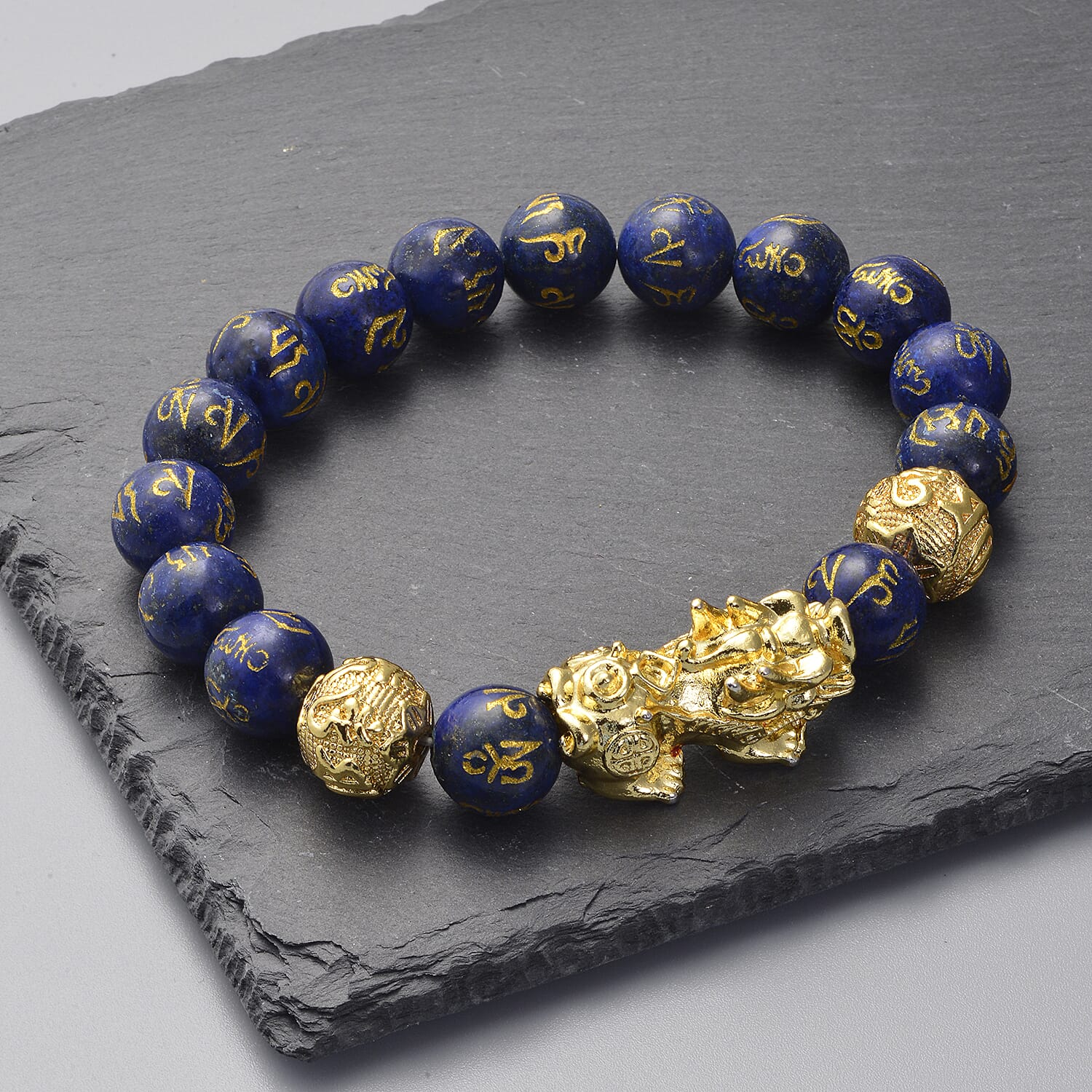 Lapis Lazuli Stretchable Bracelet (Size-6.5 - 7) in Yellow Tone