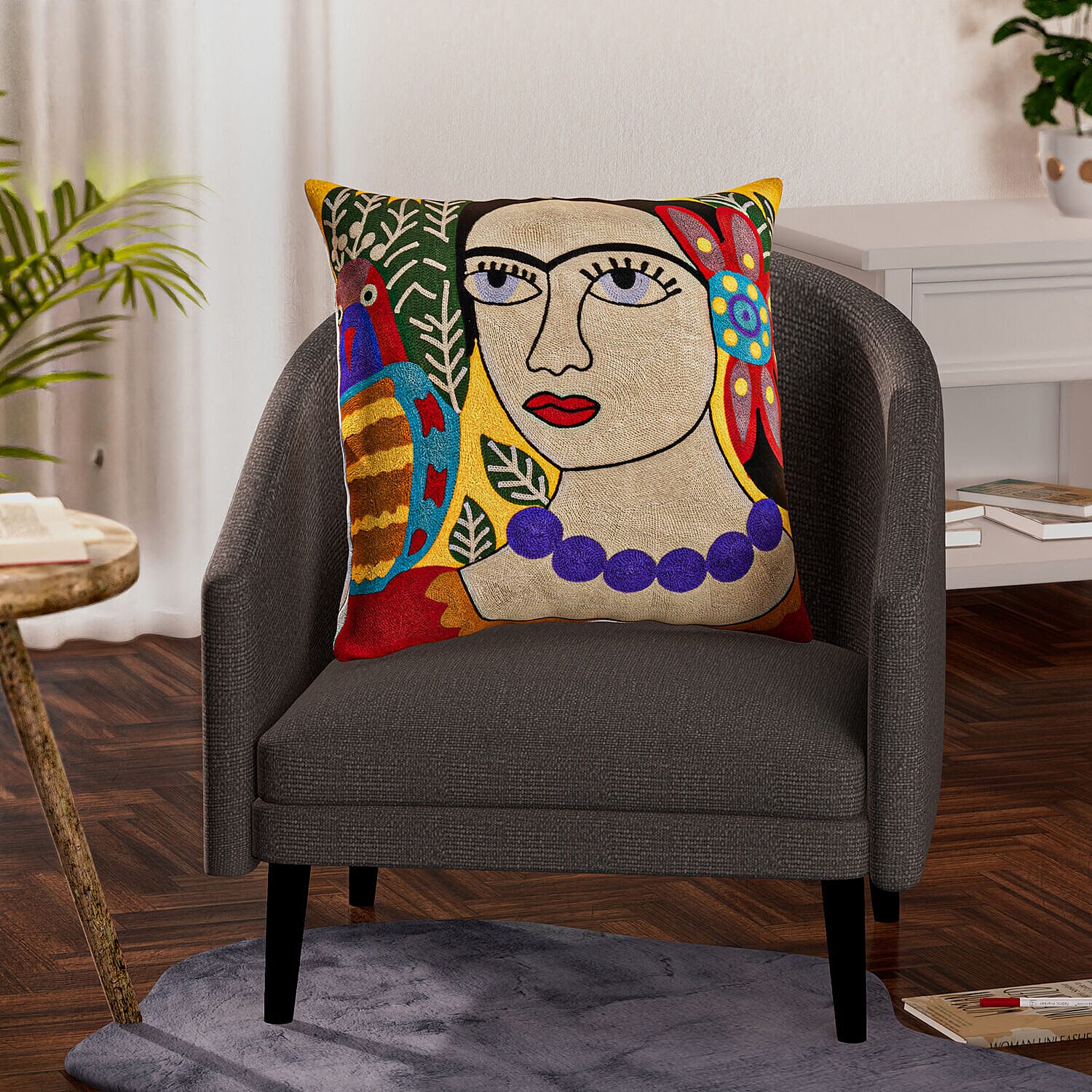 100% Cotton Embroidered Girl Patterned Cushion Cover (Size 43x43 cm) - Yellow