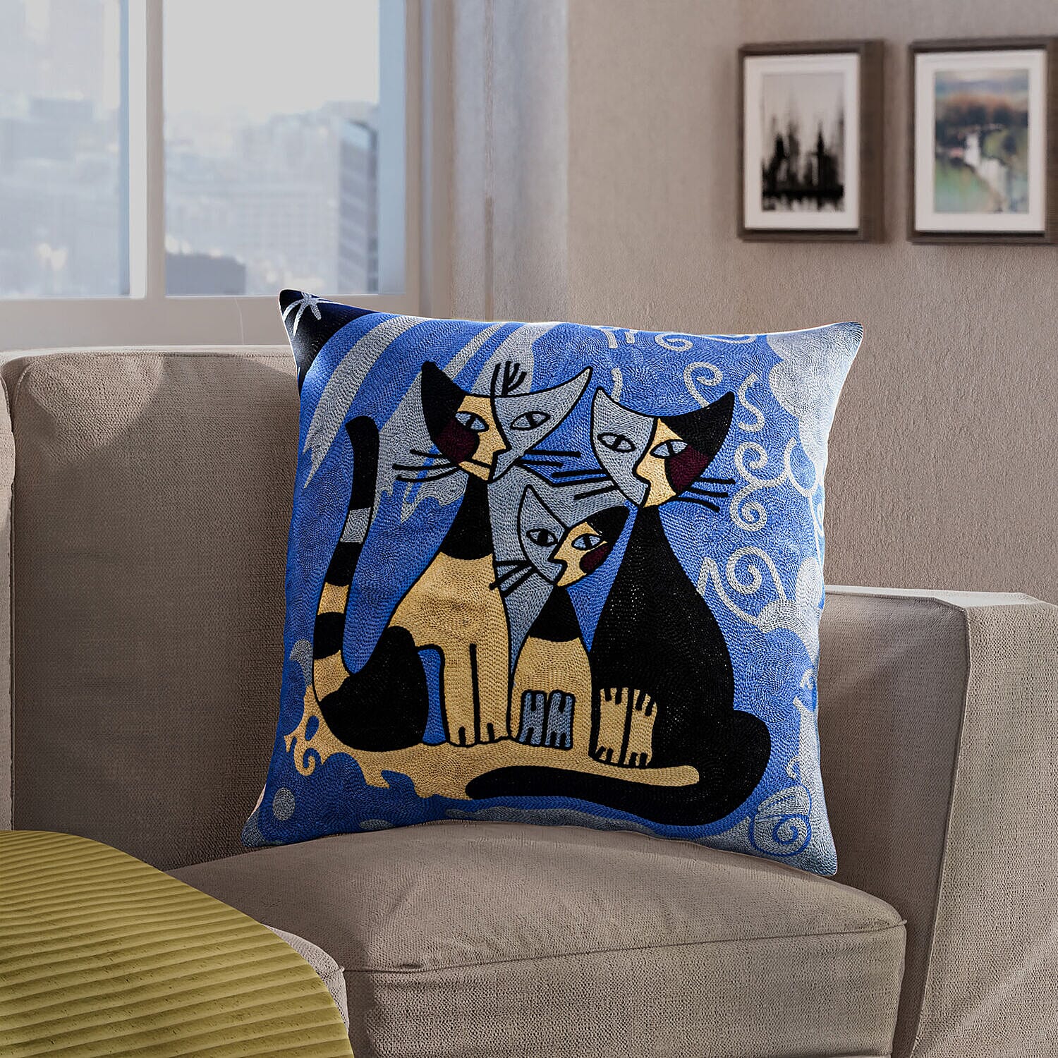 100% Cotton Embroidered Three Cats Patterned Cushion Cover (Size 43 cm) - Blue - Black