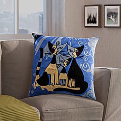 100% Cotton Embroidered Three Cats Patterned Cushion Cover (Size 43x43 cm) - Blue