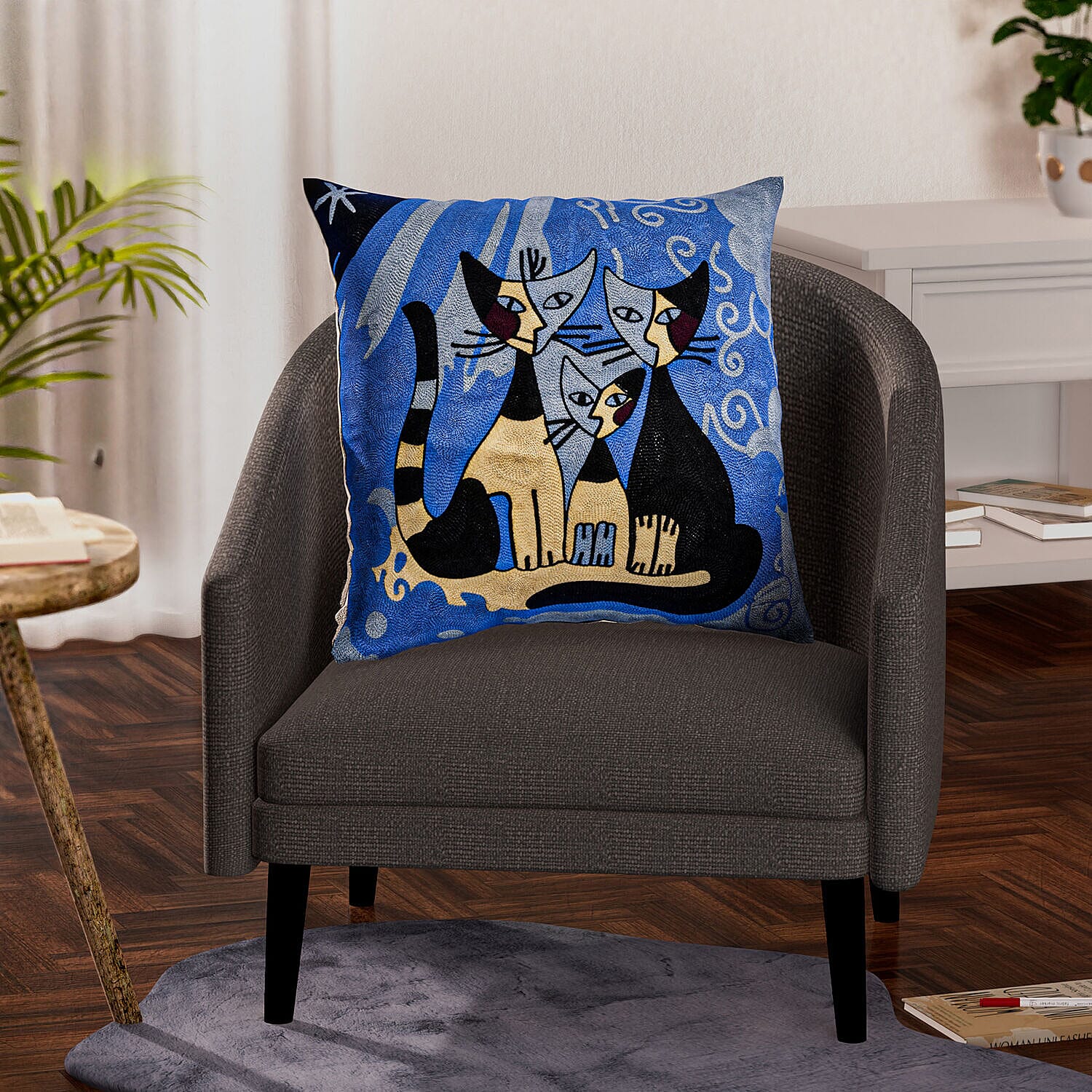 100% Cotton Embroidered Three Cats Patterned Cushion Cover (Size 43 cm) - Blue - Black