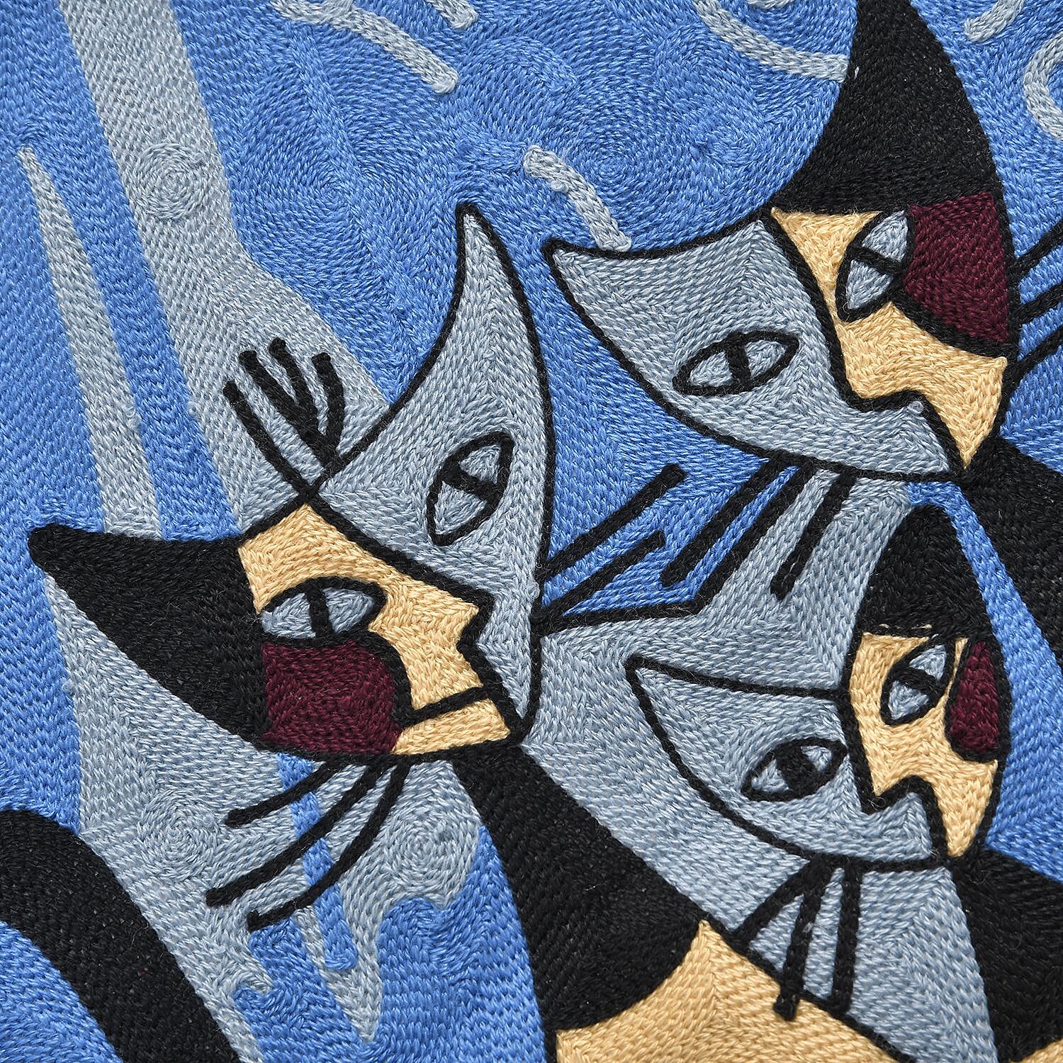 100% Cotton Embroidered Three Cats Patterned Cushion Cover (Size 43 cm) - Blue - Black