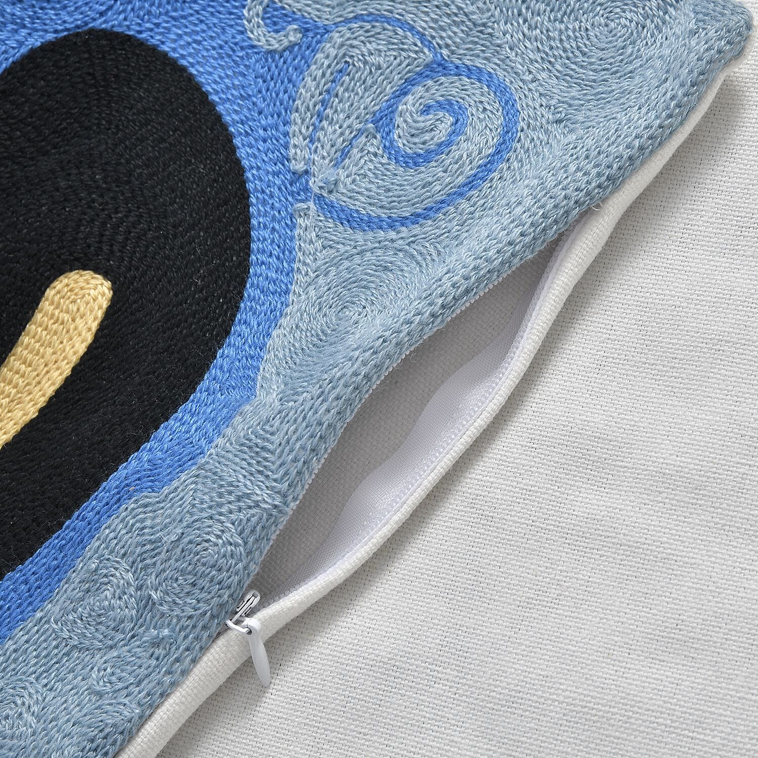 100% Cotton Embroidered Three Cats Patterned Cushion Cover (Size 43 cm) - Blue - Black