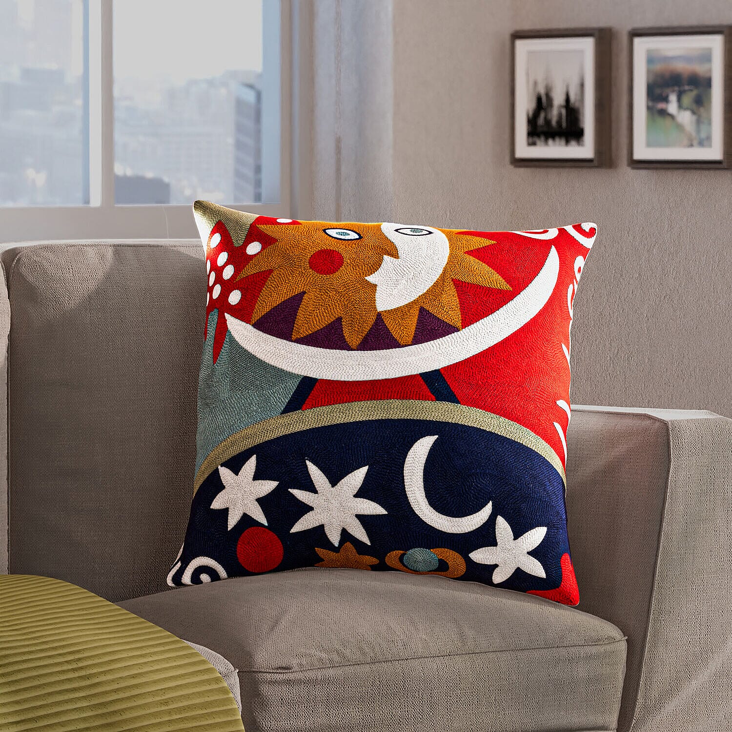 100% Cotton Embroidered Star Pattern Cushion Cover (Size 43 cm) - Red & Multi