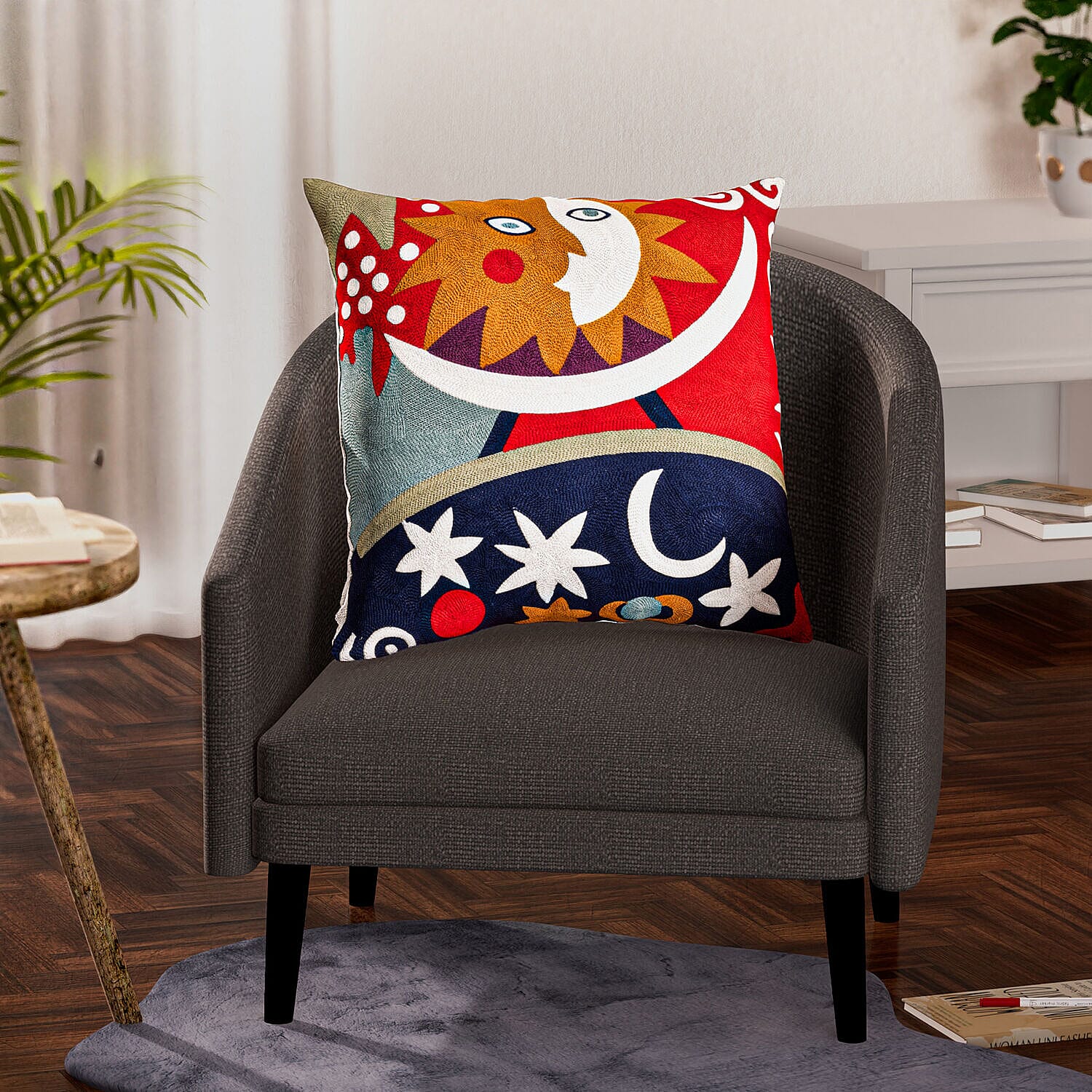 100% Cotton Embroidered Star Pattern Cushion Cover (Size 43 cm) - Red & Multi