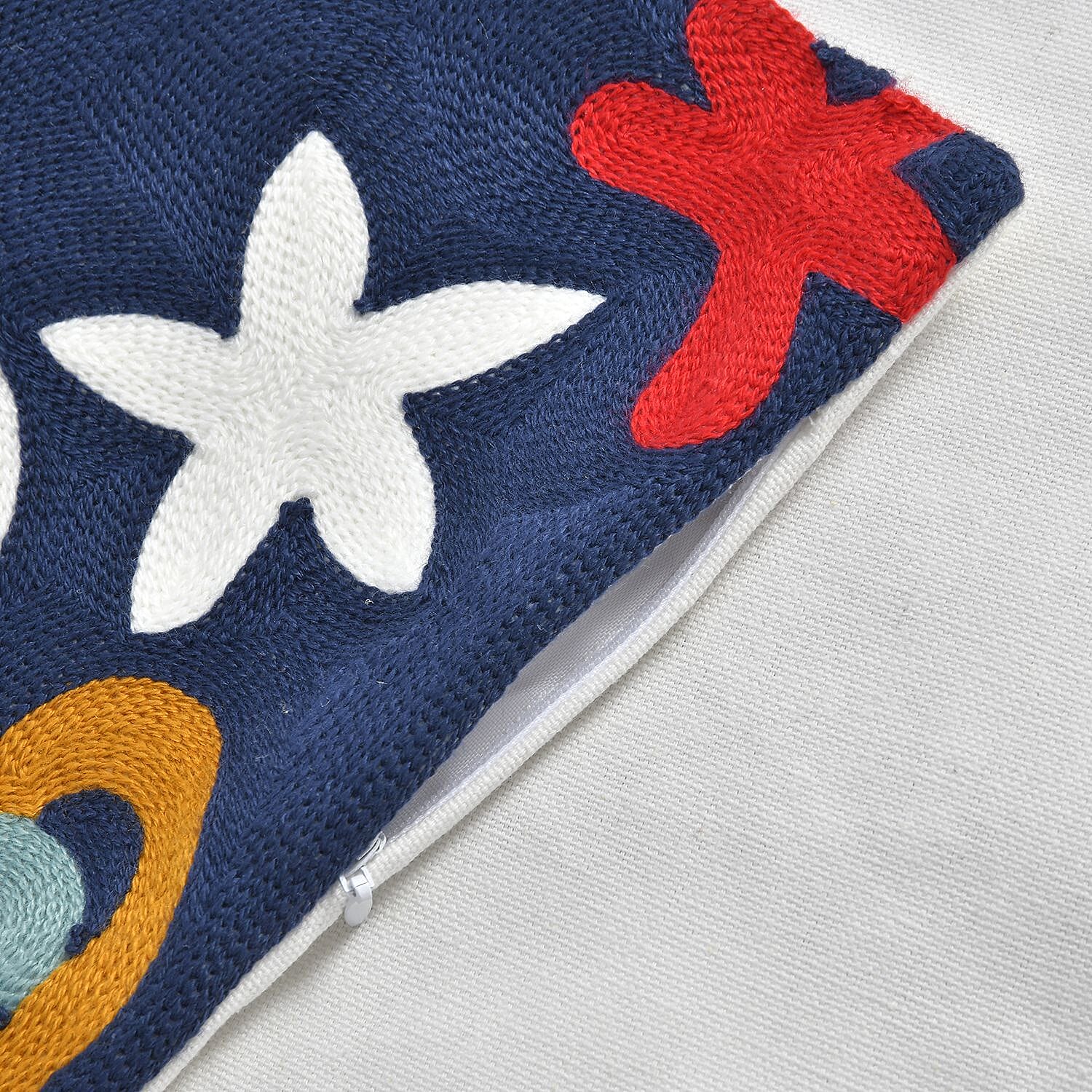 100% Cotton Embroidered Star Pattern Cushion Cover (Size 43 cm) - Red & Multi