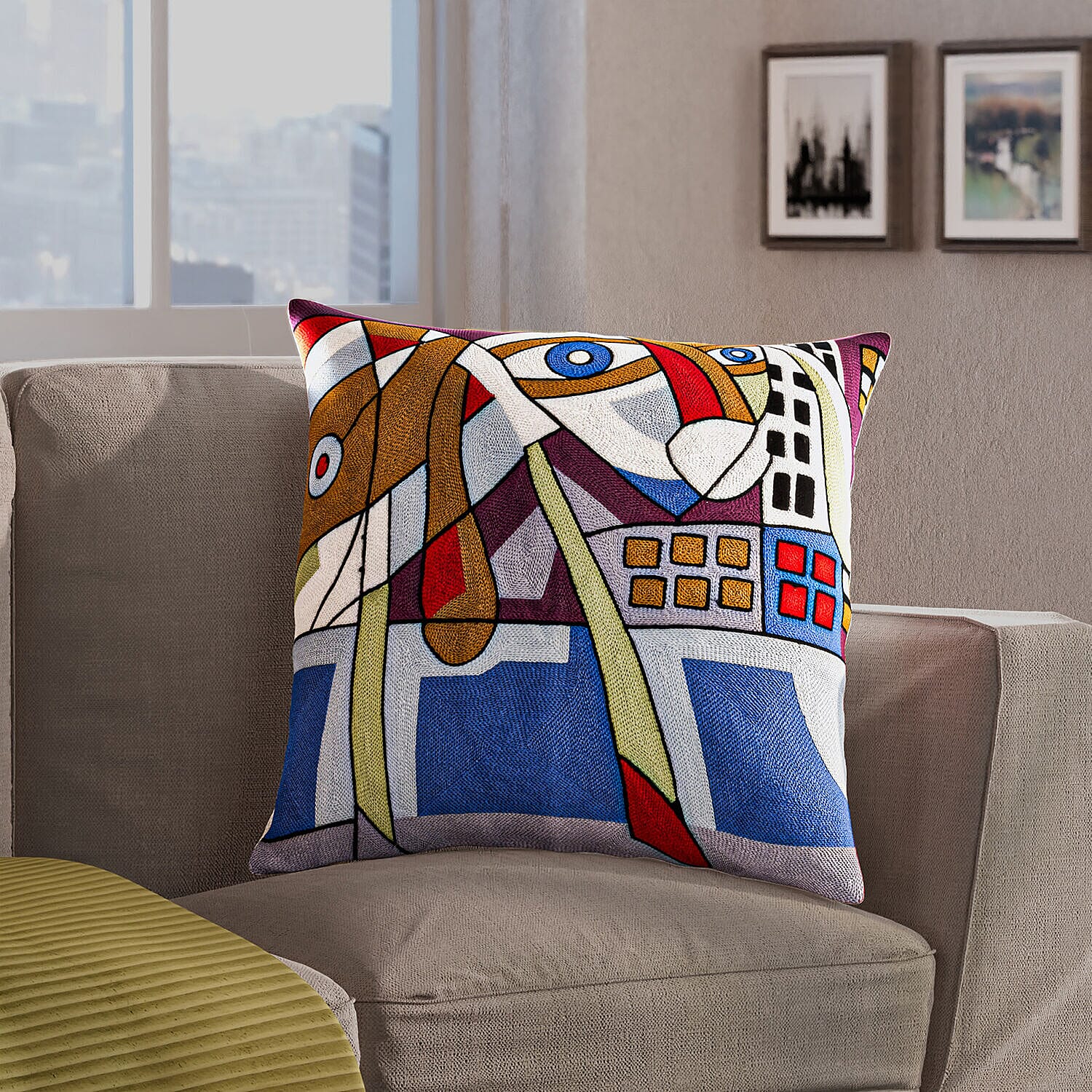 100% Cotton Embroidered Picasso Style Patterned Cushion Cover (Size 43 cm) - Purple & Multi