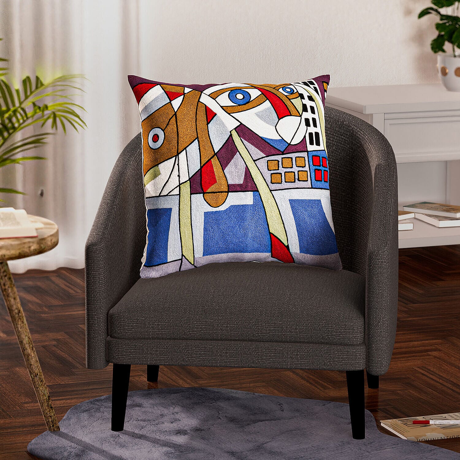 100% Cotton Embroidered Picasso Style Patterned Cushion Cover (Size 43 cm) - Purple & Multi