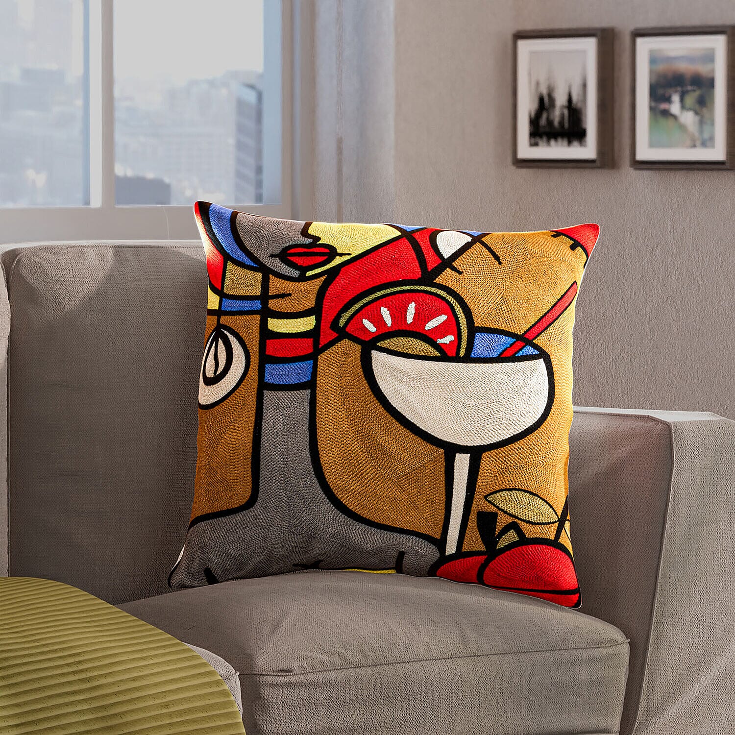 100% Cotton Embroidered Cocktail Glass Pattern Cushion Cover (Size 43 cm) - Brown & Multi